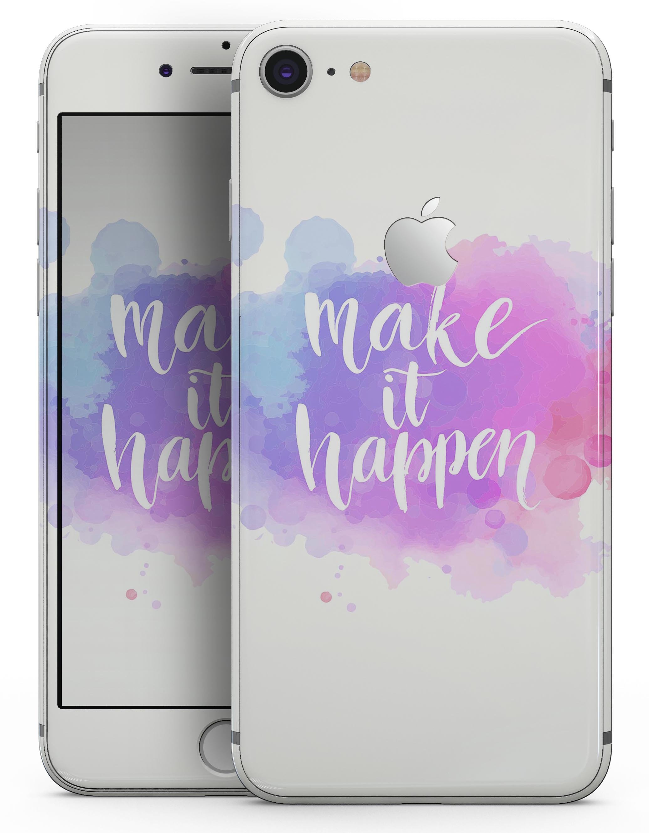 Bright Make it Happen Skin-kit for iPhone 8 and 8 Plus, showcasing premium vinyl design with ultra-gloss and soft-matte finish options.