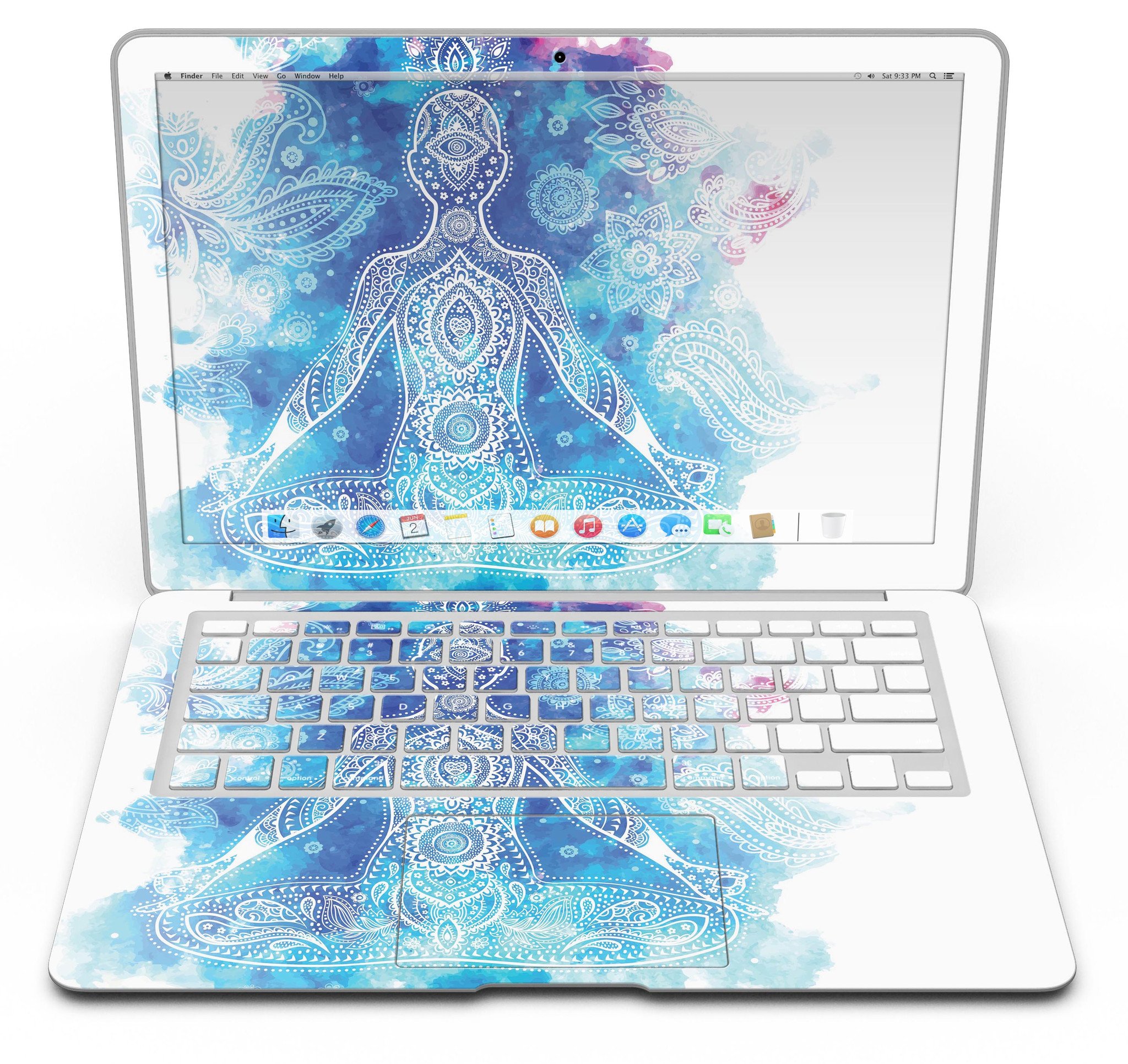 Bright Oil Yoga Mood Skin Kit for MacBook Air, showcasing vibrant design and premium vinyl material.