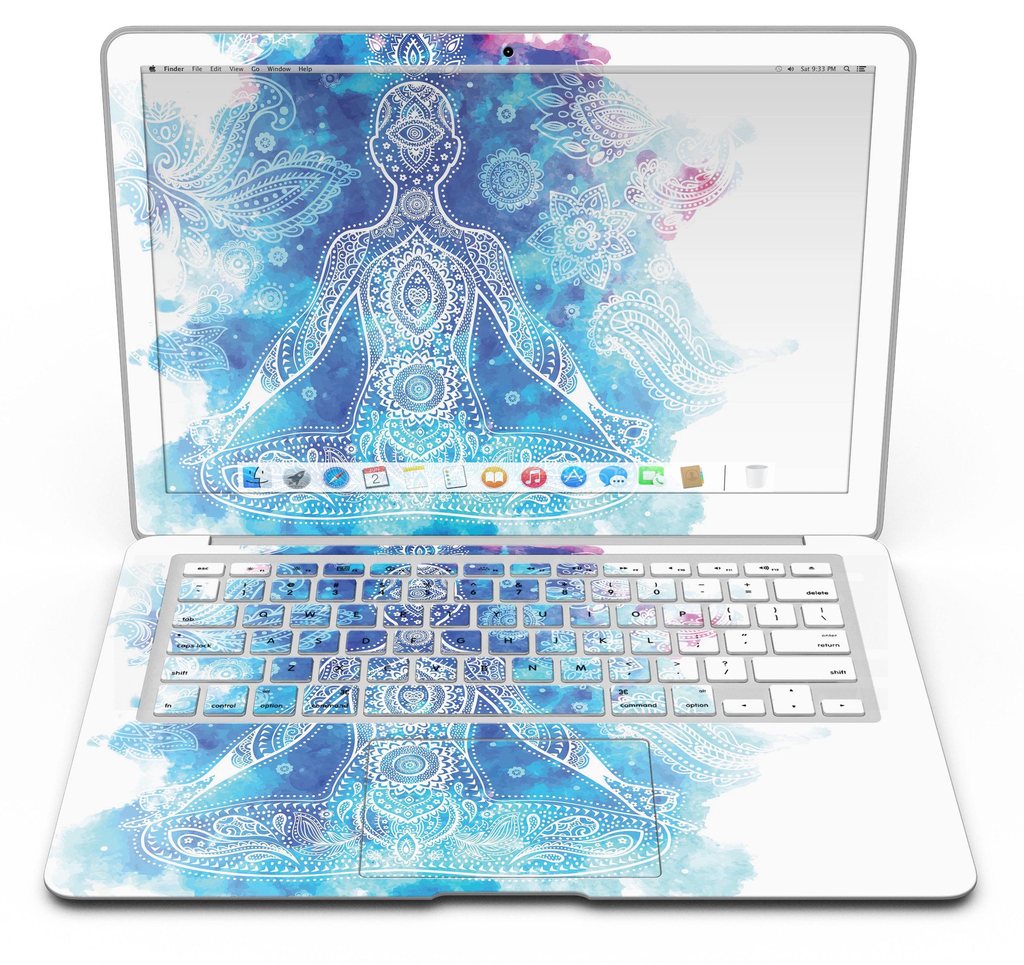 Bright Oil Yoga Mood Skin Kit for MacBook Air, showcasing vibrant design and premium vinyl material.