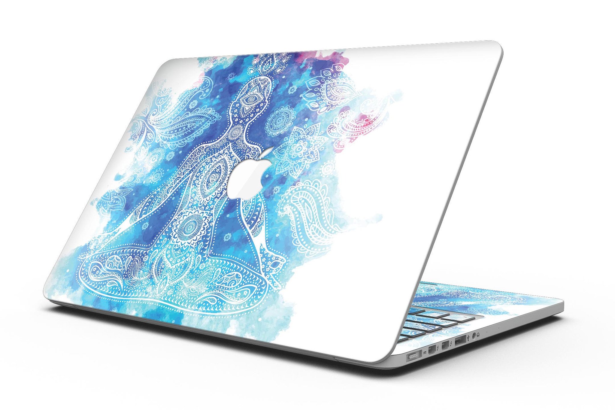 Bright Oil Yoga Mood skin applied to a MacBook Pro with Retina Display, showcasing its vibrant design and sleek finish.