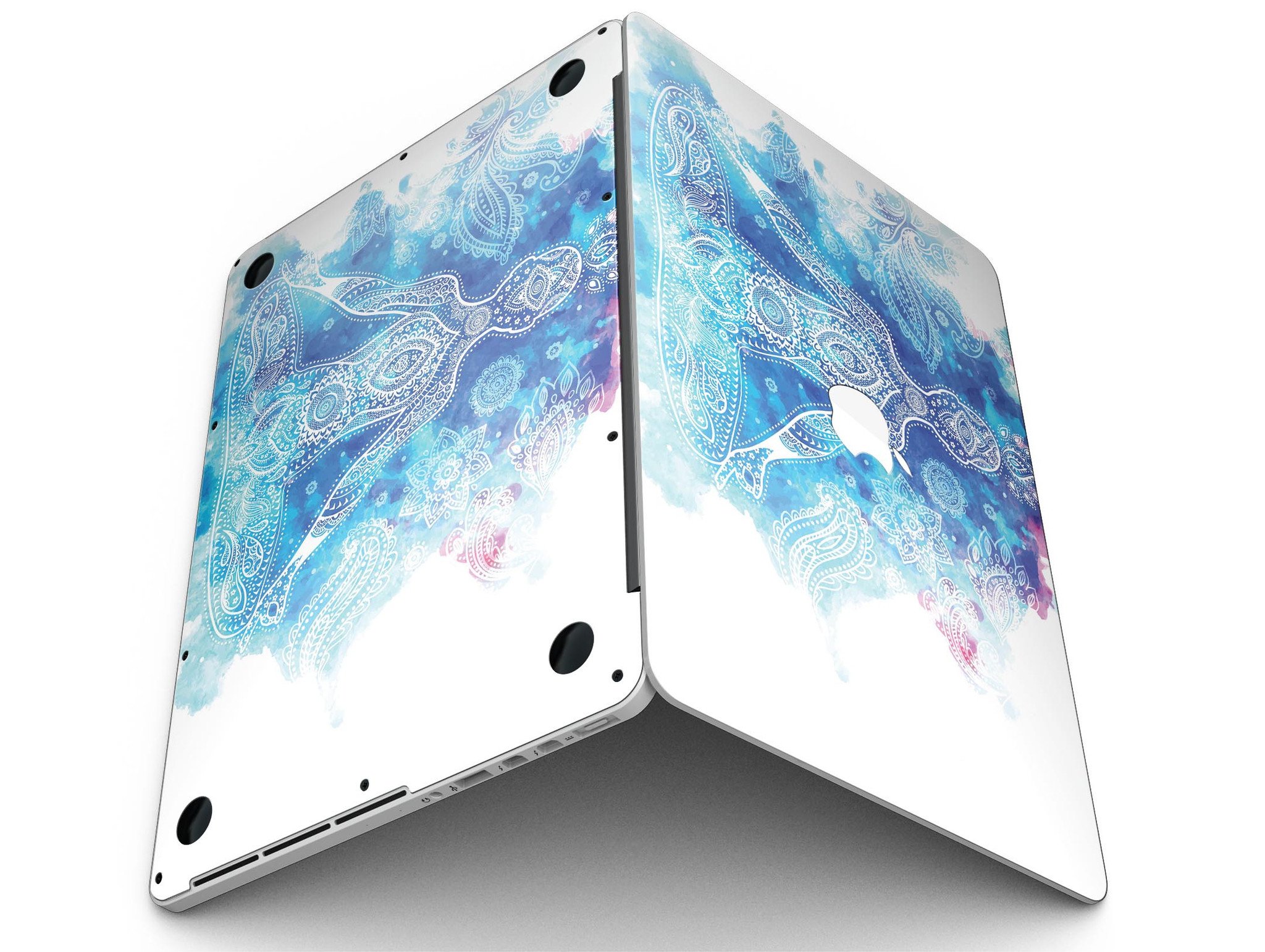 Bright Oil Yoga Mood skin applied to a MacBook Pro with Retina Display, showcasing its vibrant design and sleek finish.