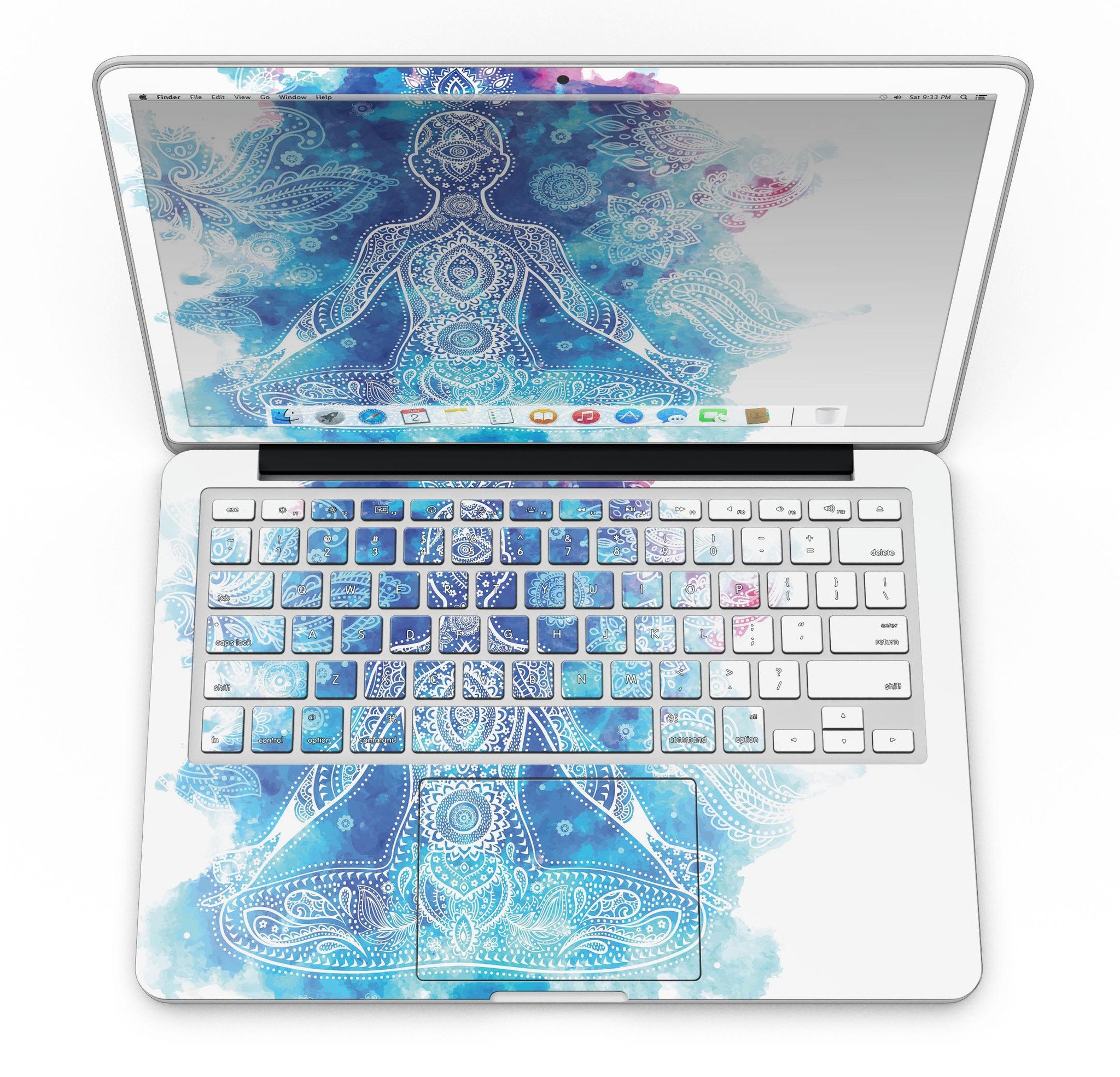 Bright Oil Yoga Mood skin applied to a MacBook Pro with Retina Display, showcasing its vibrant design and sleek finish.