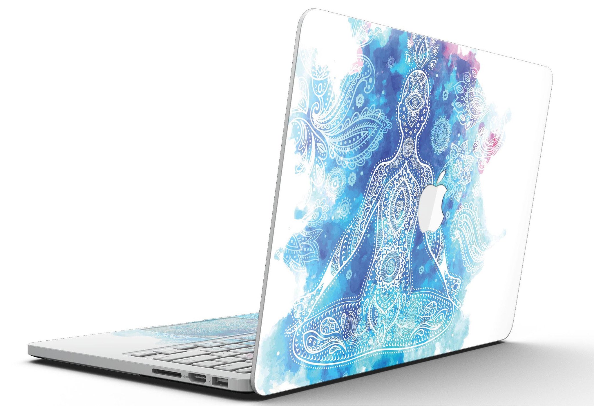 Bright Oil Yoga Mood skin applied to a MacBook Pro with Retina Display, showcasing its vibrant design and sleek finish.