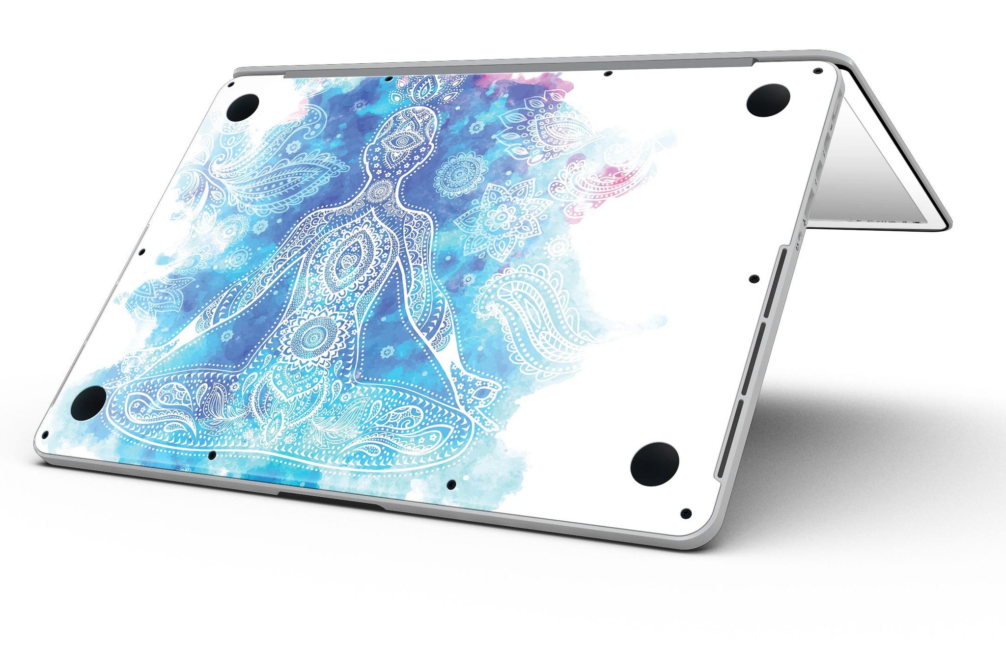 Bright Oil Yoga Mood skin applied to a MacBook Pro with Retina Display, showcasing its vibrant design and sleek finish.