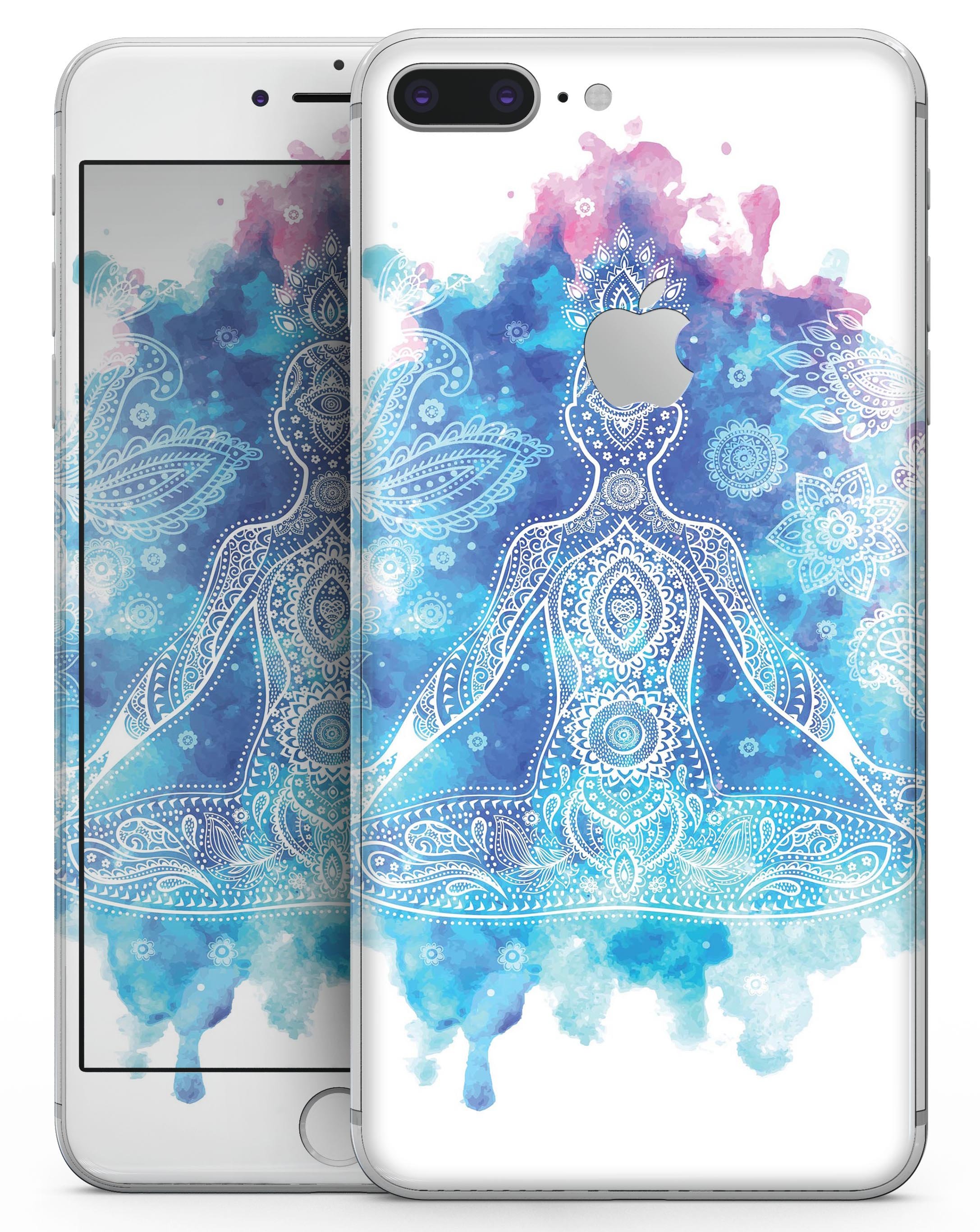 Bright Oil Yoga Mood skin for iPhone 8 and 8 Plus, showcasing vibrant design and premium vinyl material.