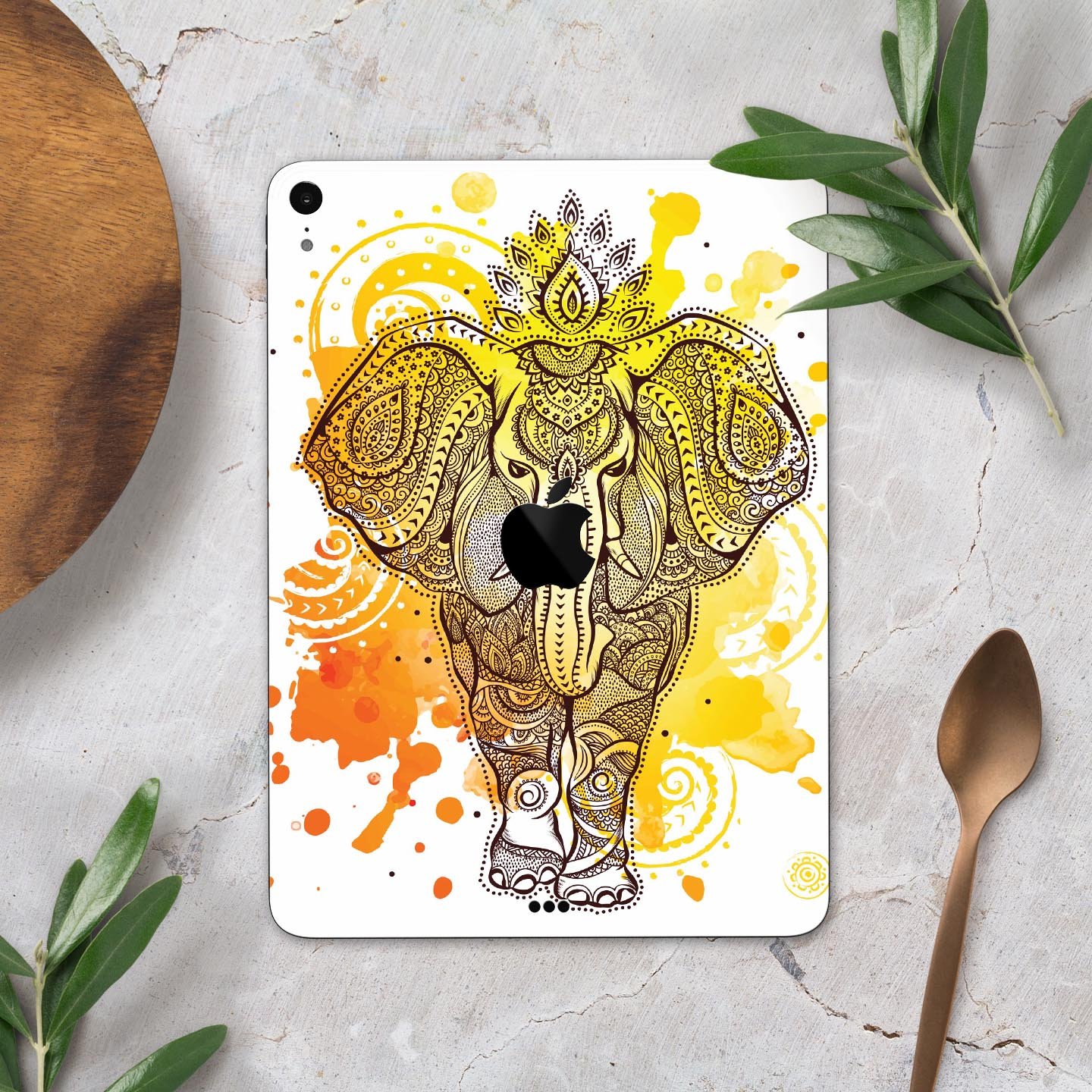 Bright Orange Ethnic Elephant full body skin decal for Apple devices, showcasing vibrant colors and intricate design.