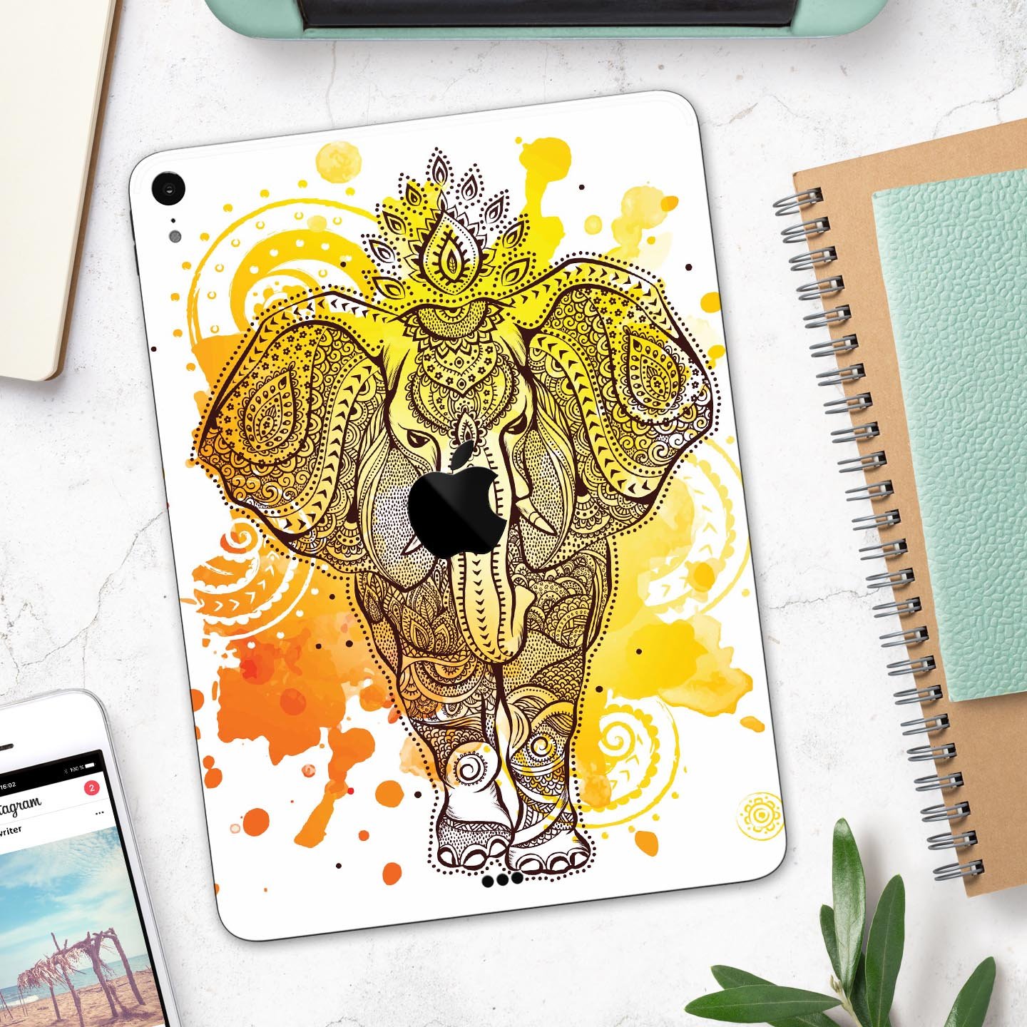 Bright Orange Ethnic Elephant full body skin decal for Apple devices, showcasing vibrant colors and intricate design.