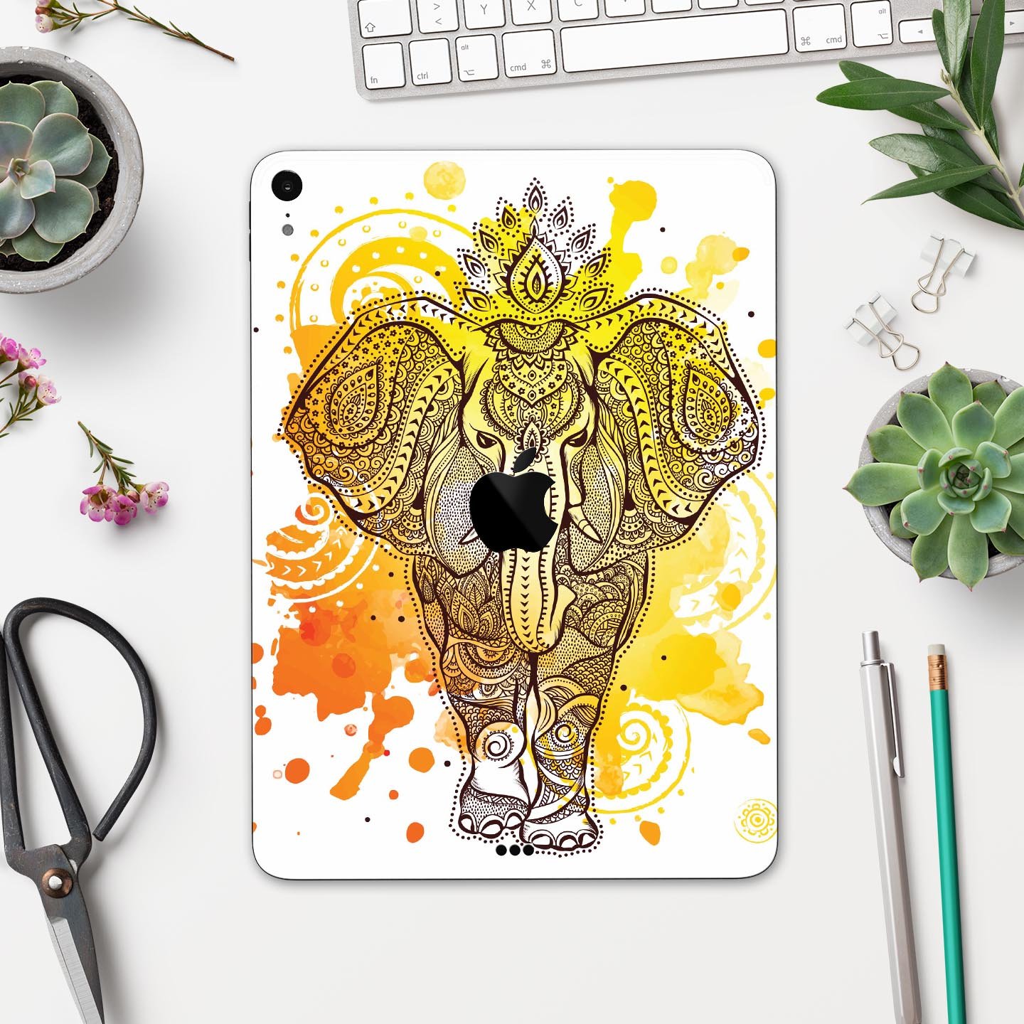 Bright Orange Ethnic Elephant full body skin decal for Apple devices, showcasing vibrant colors and intricate design.