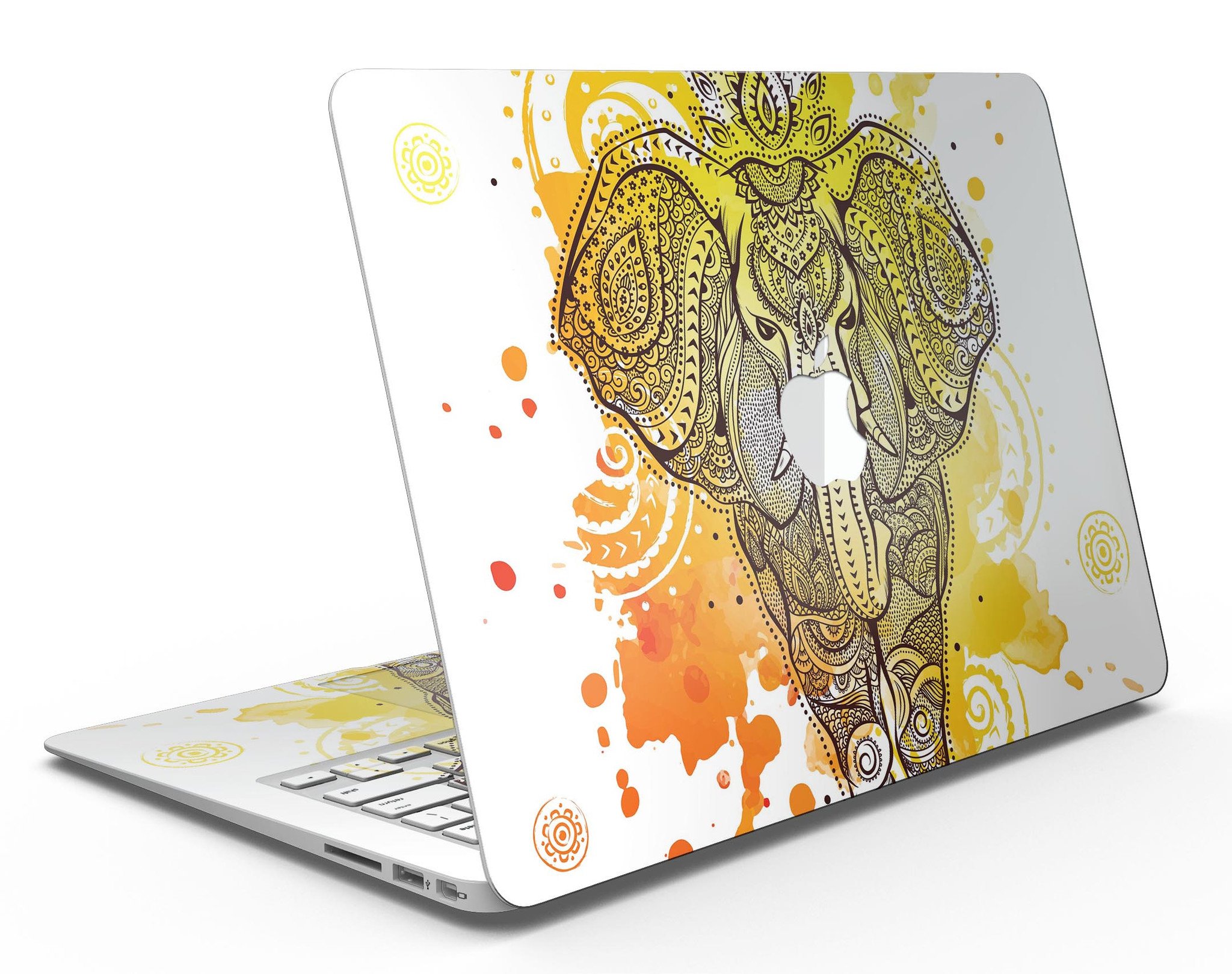 Bright Orange Ethnic Elephant MacBook Air Skin Kit showcasing vibrant design and premium vinyl material.