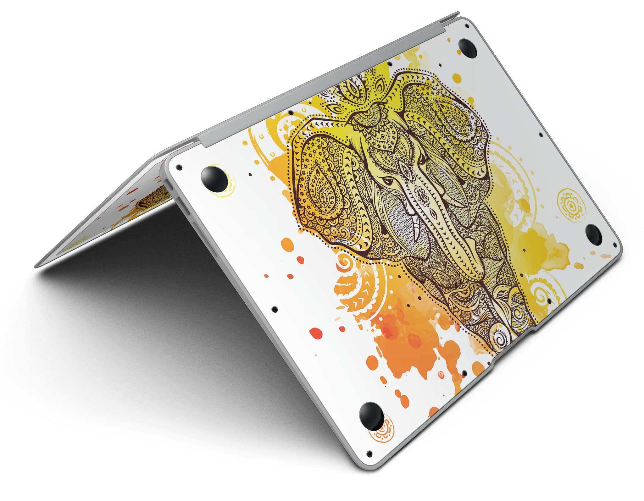 Bright Orange Ethnic Elephant MacBook Air Skin Kit showcasing vibrant design and premium vinyl material.