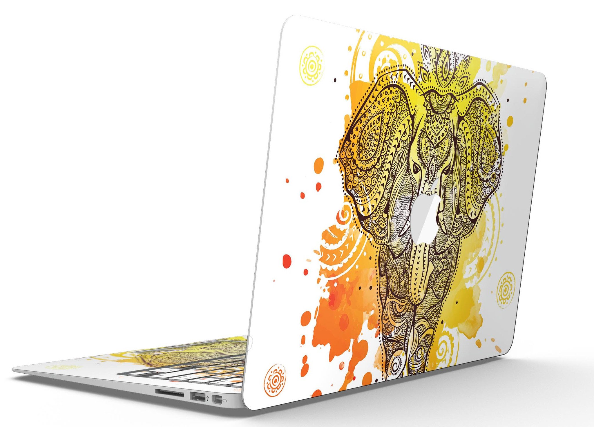 Bright Orange Ethnic Elephant MacBook Air Skin Kit showcasing vibrant design and premium vinyl material.