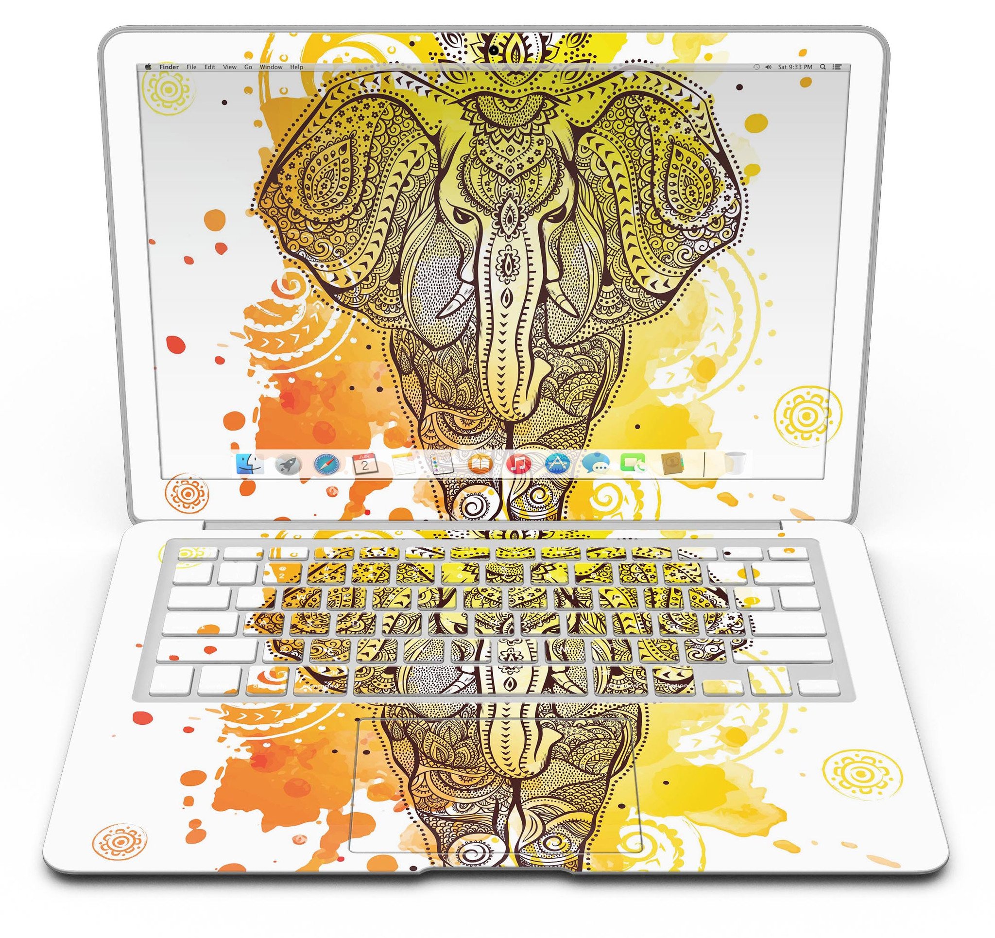 Bright Orange Ethnic Elephant MacBook Air Skin Kit showcasing vibrant design and premium vinyl material.