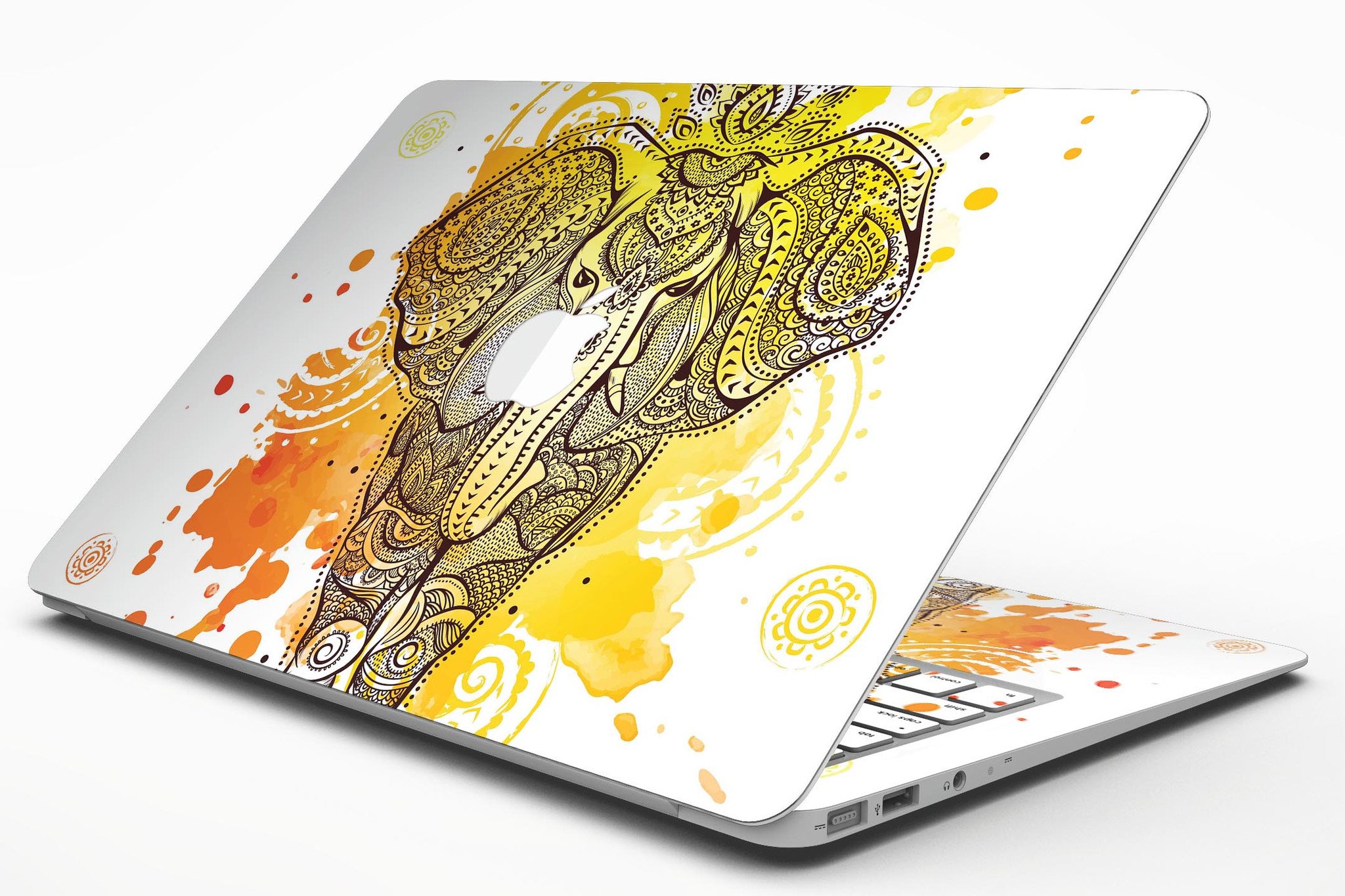 Bright Orange Ethnic Elephant MacBook Air Skin Kit showcasing vibrant design and premium vinyl material.