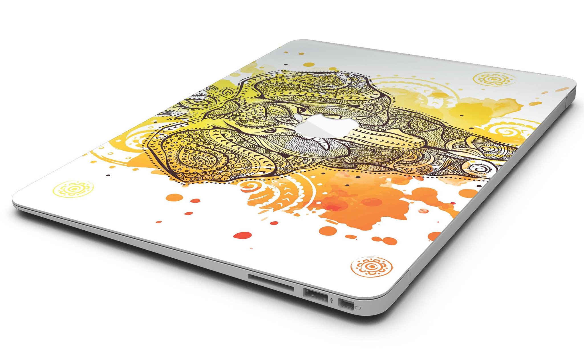 Bright Orange Ethnic Elephant MacBook Air Skin Kit showcasing vibrant design and premium vinyl material.