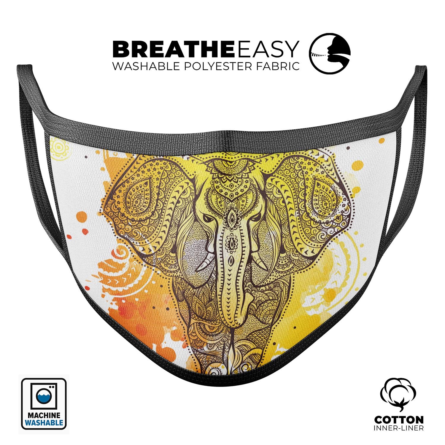 Bright orange ethnic elephant design mouth cover made in the USA, featuring adjustable ear loops and a comfortable cotton interior.