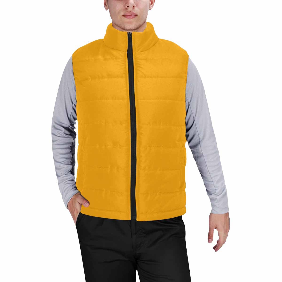 Bright orange men's padded vest with a quilted pattern and zipper closure, perfect for layering in cool weather.