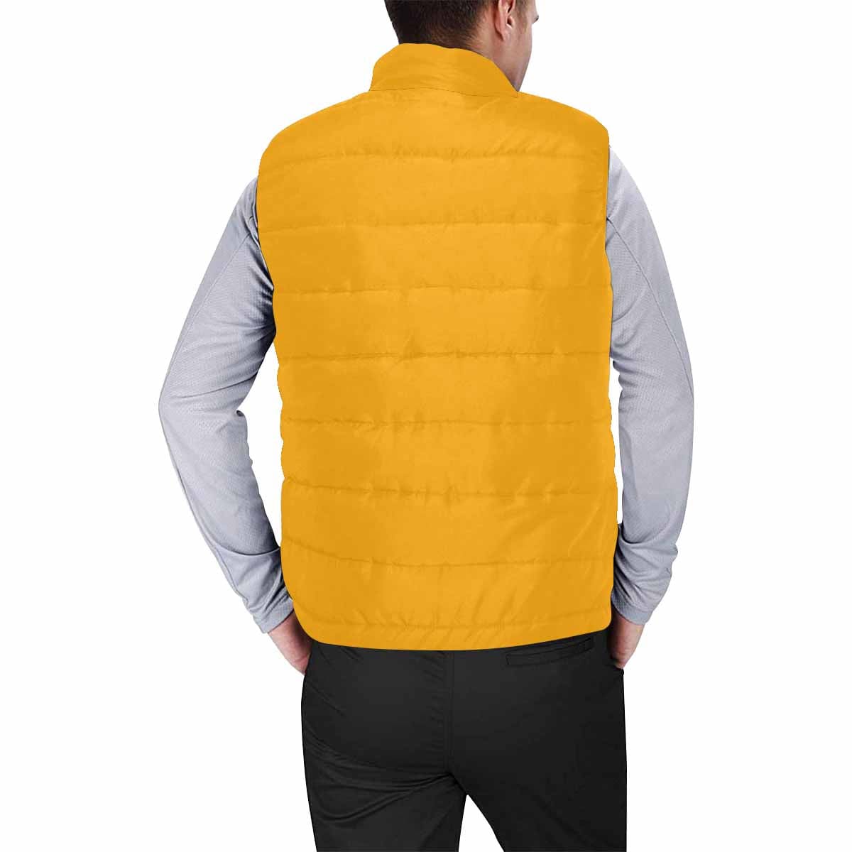 Bright orange men's padded vest with a quilted pattern and zipper closure, perfect for layering in cool weather.