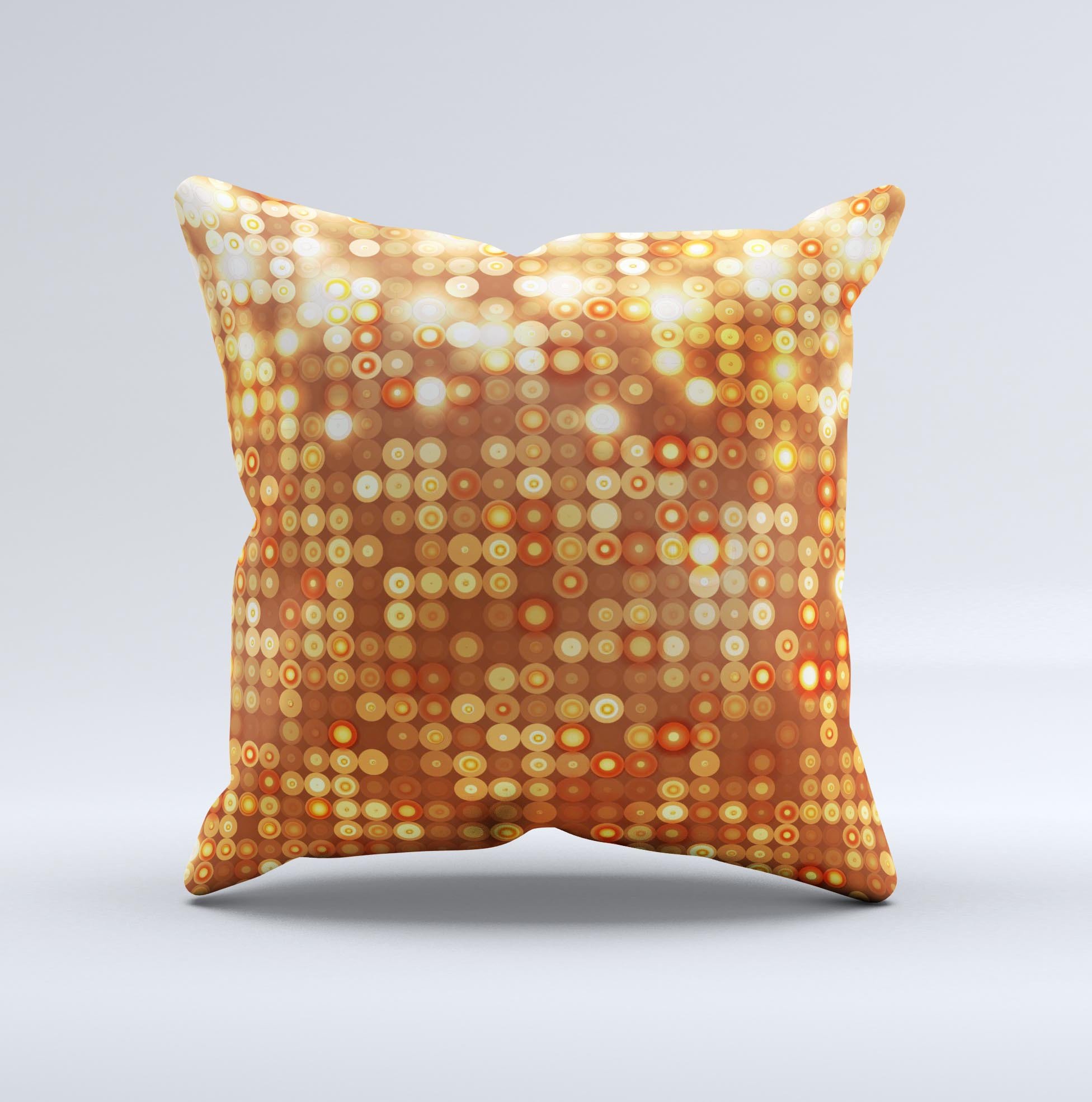 Bright orange decorative throw pillow with unfocused circle patterns, showcasing a unique handmade design.