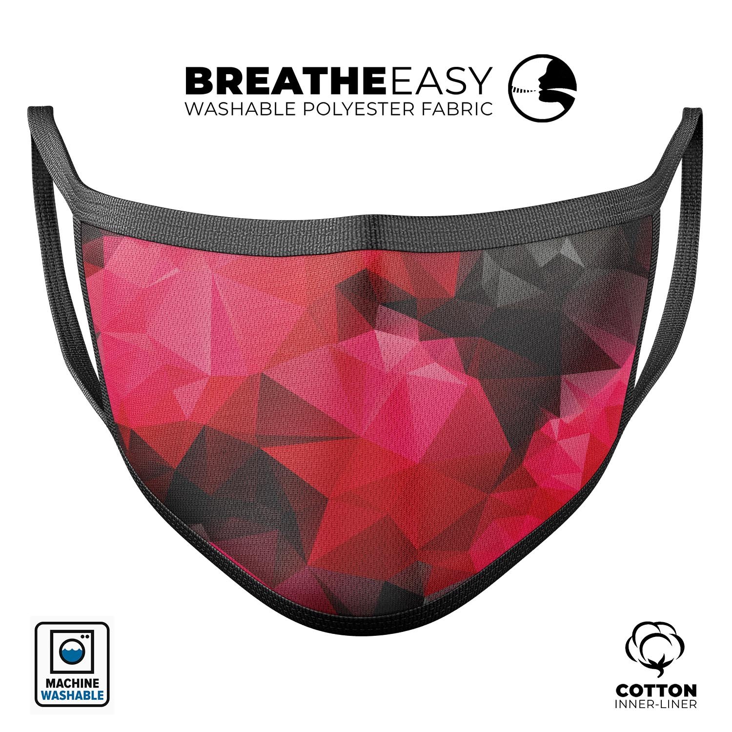 Bright pink and gray geometric triangles face mask, made in the USA, showcasing adjustable ear loops and soft cotton interior.