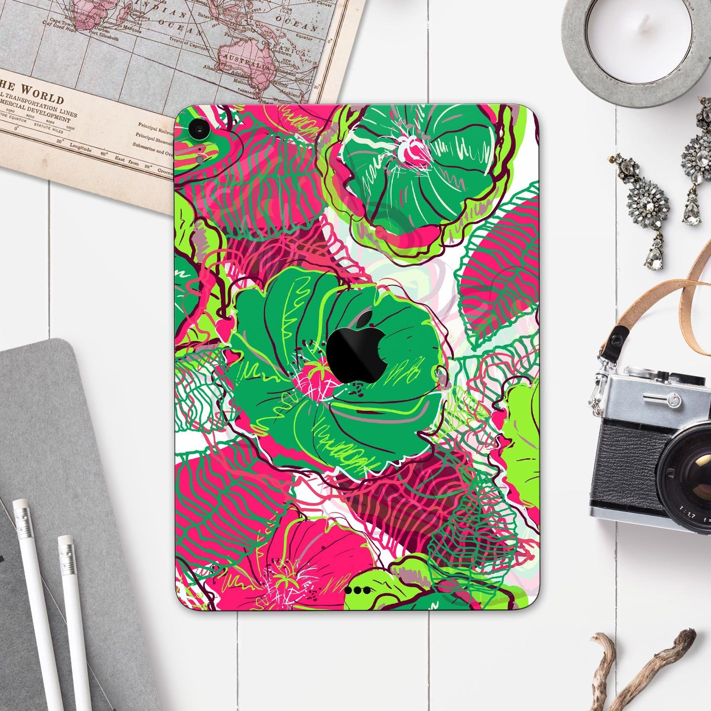 Bright Pink and Green Flowers full body skin decal for Apple devices, showcasing vibrant floral design and premium finish.