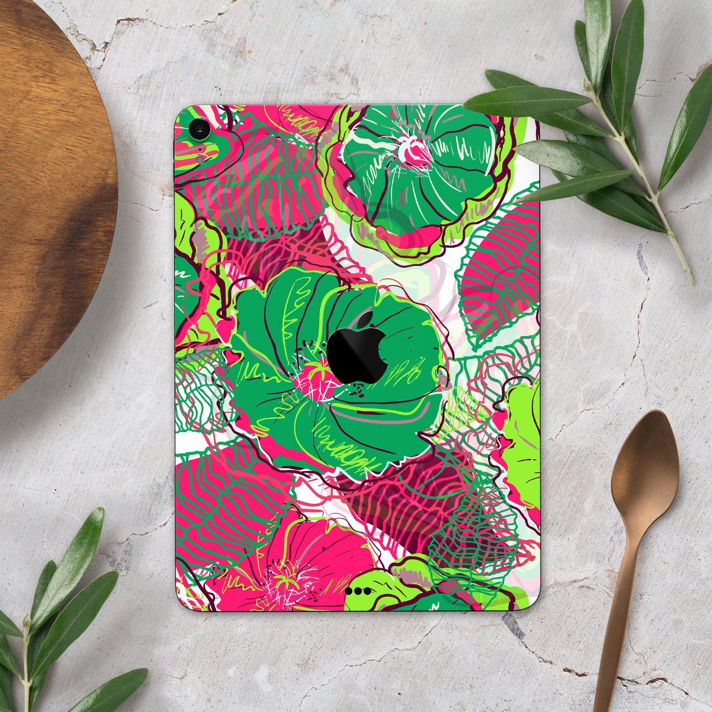 Bright Pink and Green Flowers full body skin decal for Apple devices, showcasing vibrant floral design and premium finish.