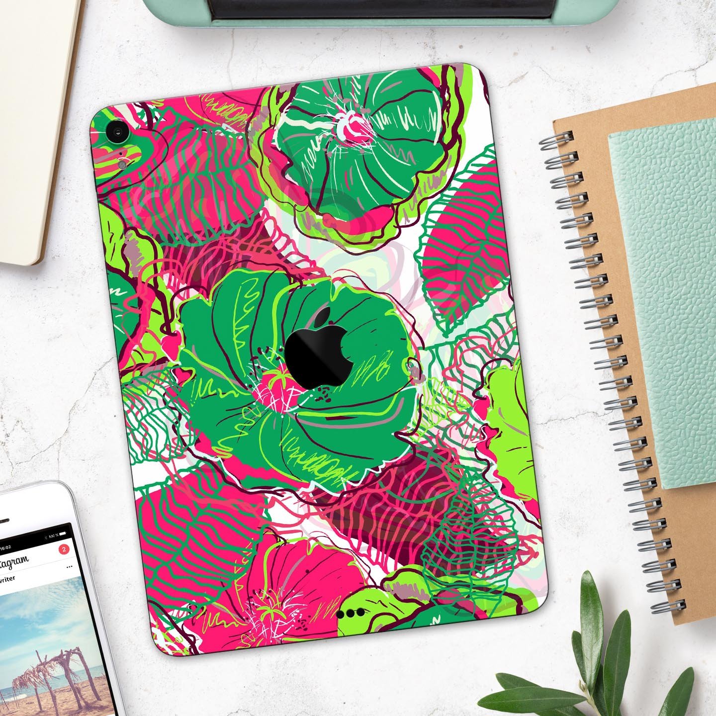 Bright Pink and Green Flowers full body skin decal for Apple devices, showcasing vibrant floral design and premium finish.