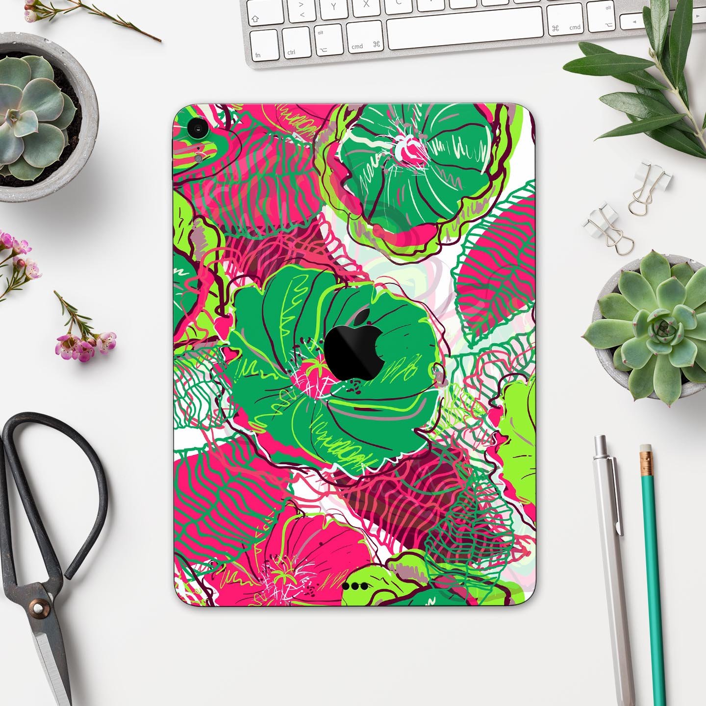 Bright Pink and Green Flowers full body skin decal for Apple devices, showcasing vibrant floral design and premium finish.