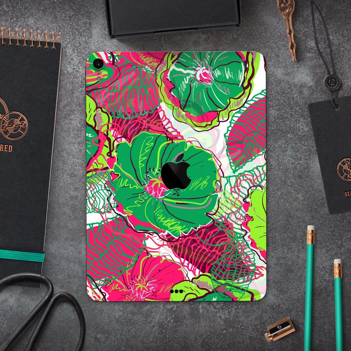 Bright Pink and Green Flowers full body skin decal for Apple devices, showcasing vibrant floral design and premium finish.