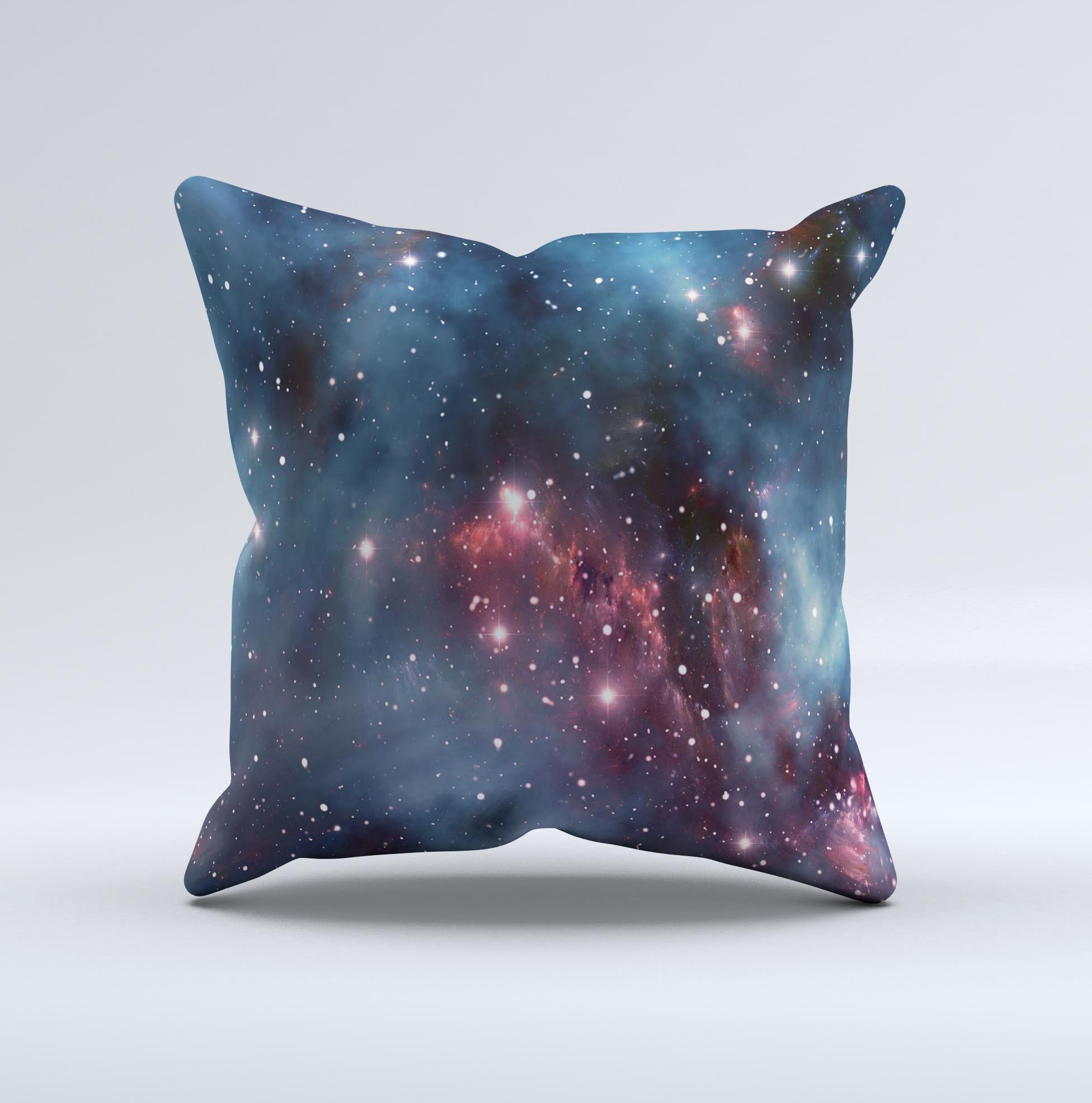 Bright Pink Nebula Decorative Throw Pillow with cosmic design, handcrafted in Virginia, featuring high thread count fabric and non-allergenic filling.