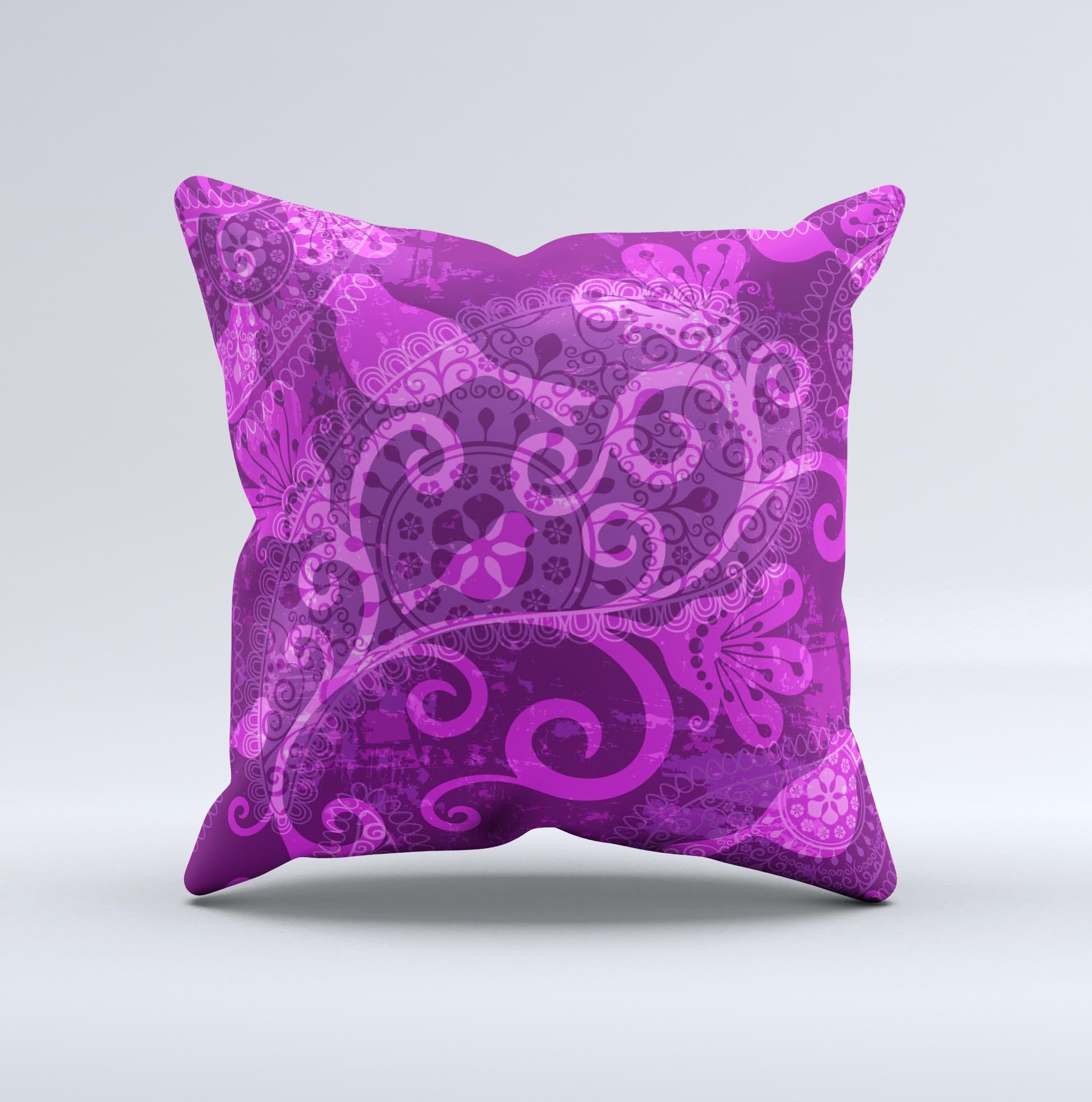 Bright pink and purple floral paisley decorative throw pillow, handcrafted with high thread count fabric and non-allergenic filling.