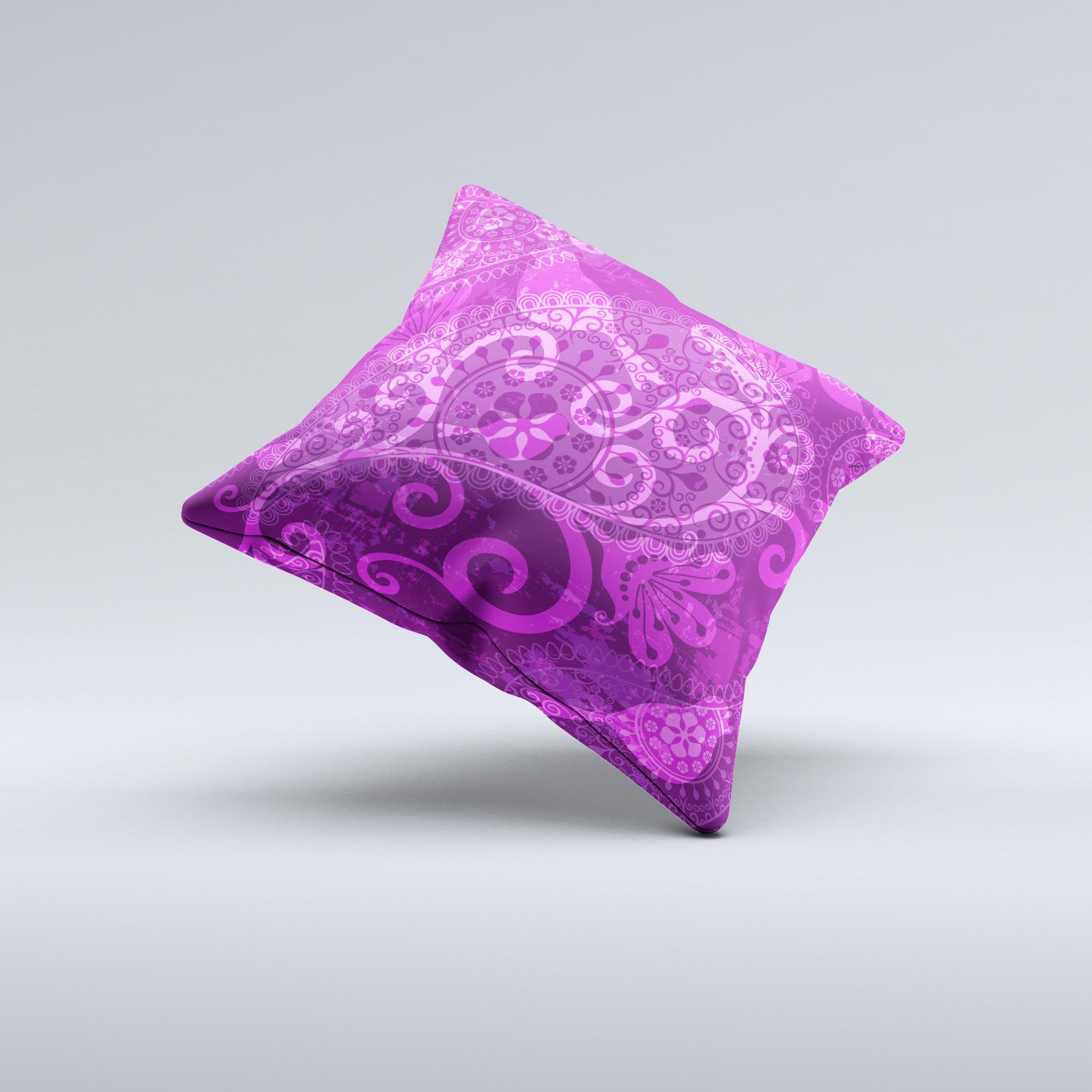 Bright pink and purple floral paisley decorative throw pillow, handcrafted with high thread count fabric and non-allergenic filling.