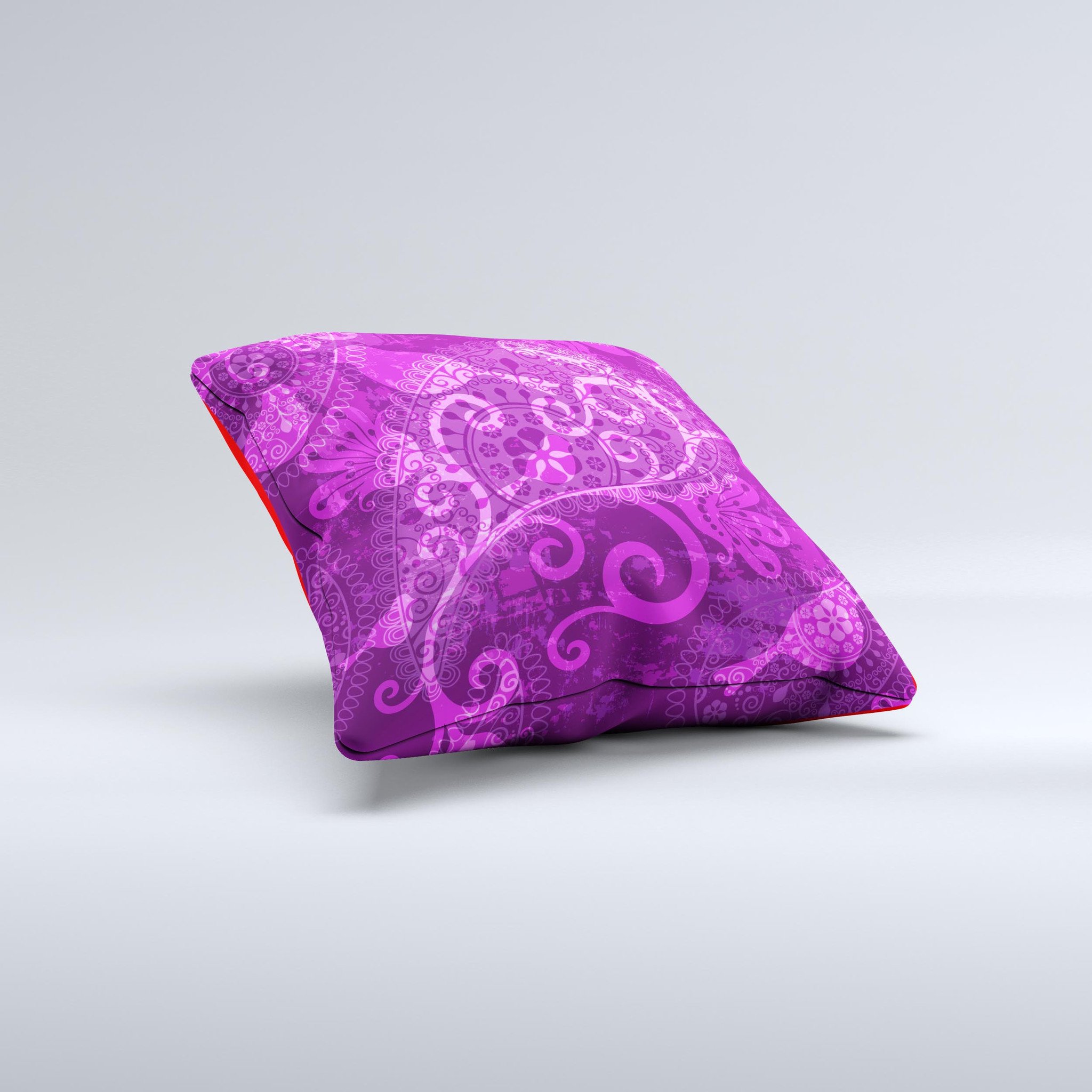 Bright pink and purple floral paisley decorative throw pillow, handcrafted with high thread count fabric and non-allergenic filling.