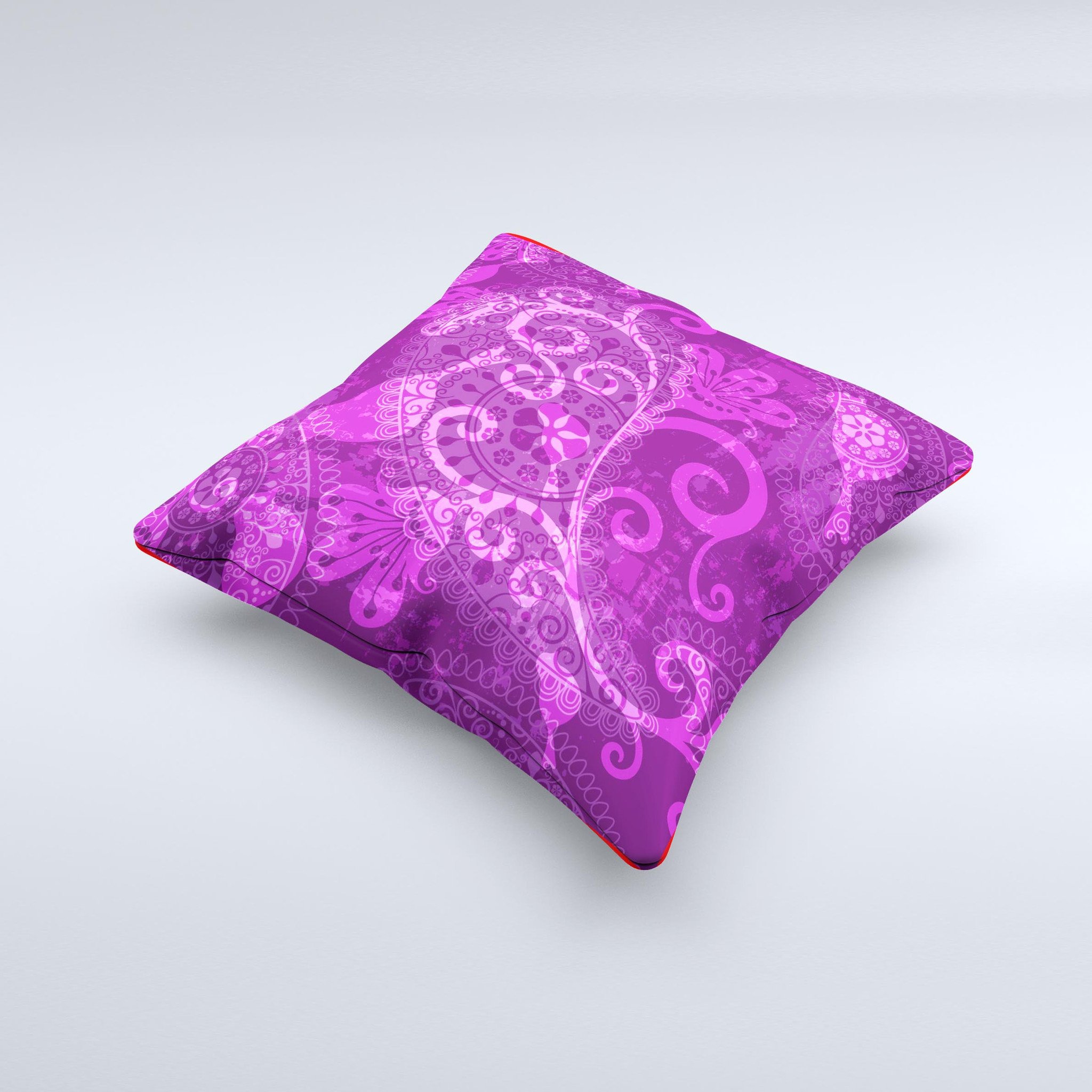 Bright pink and purple floral paisley decorative throw pillow, handcrafted with high thread count fabric and non-allergenic filling.