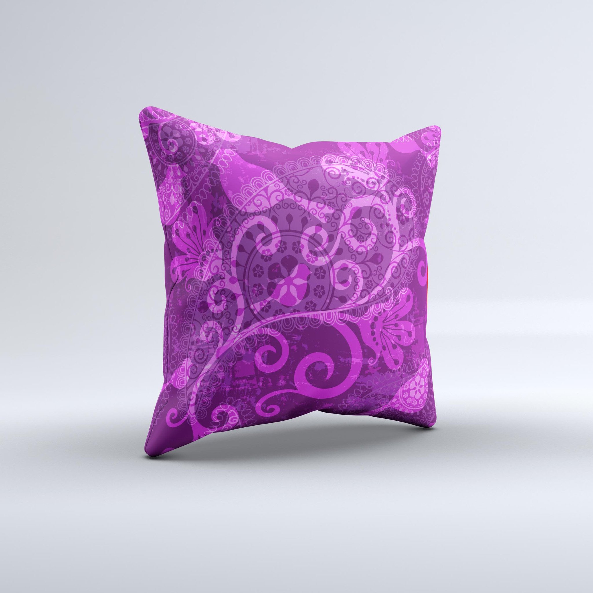 Bright pink and purple floral paisley decorative throw pillow, handcrafted with high thread count fabric and non-allergenic filling.