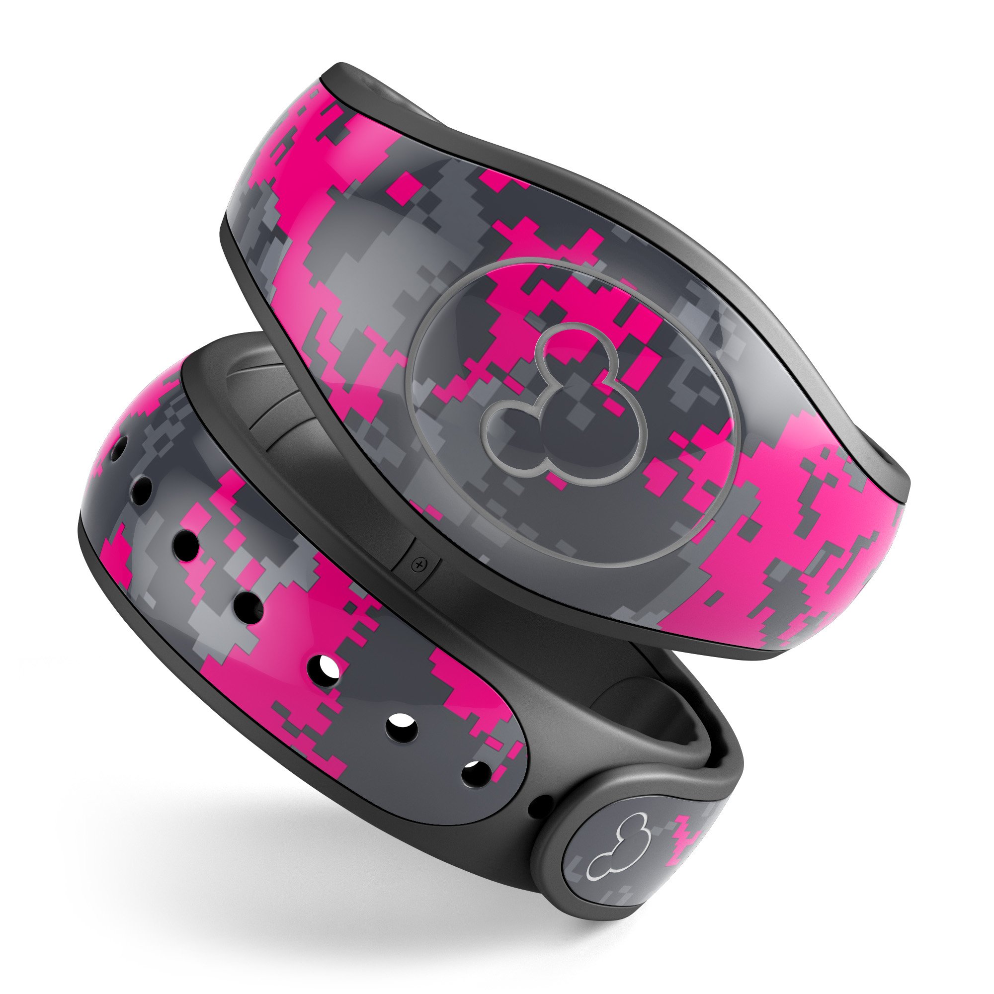 Bright Pink V2 and Gray Digital Camouflage Decal Skin Wrap Kit for Disney Magic Band, showcasing vibrant colors and unique design.