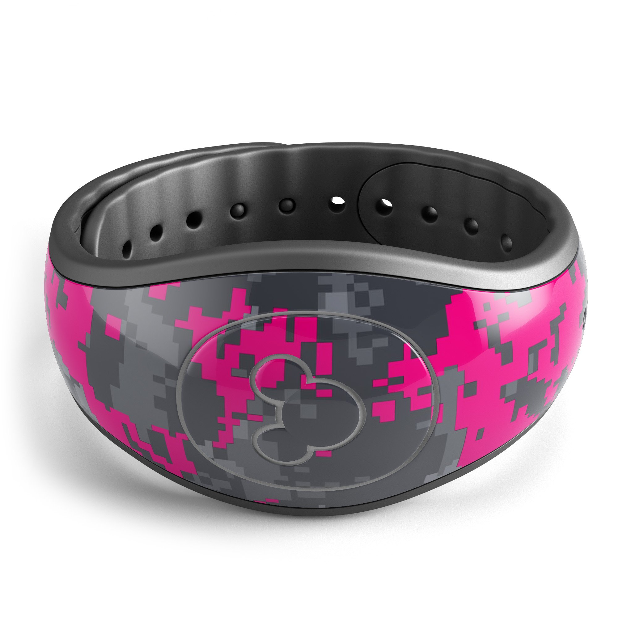 Bright Pink V2 and Gray Digital Camouflage Decal Skin Wrap Kit for Disney Magic Band, showcasing vibrant colors and unique design.