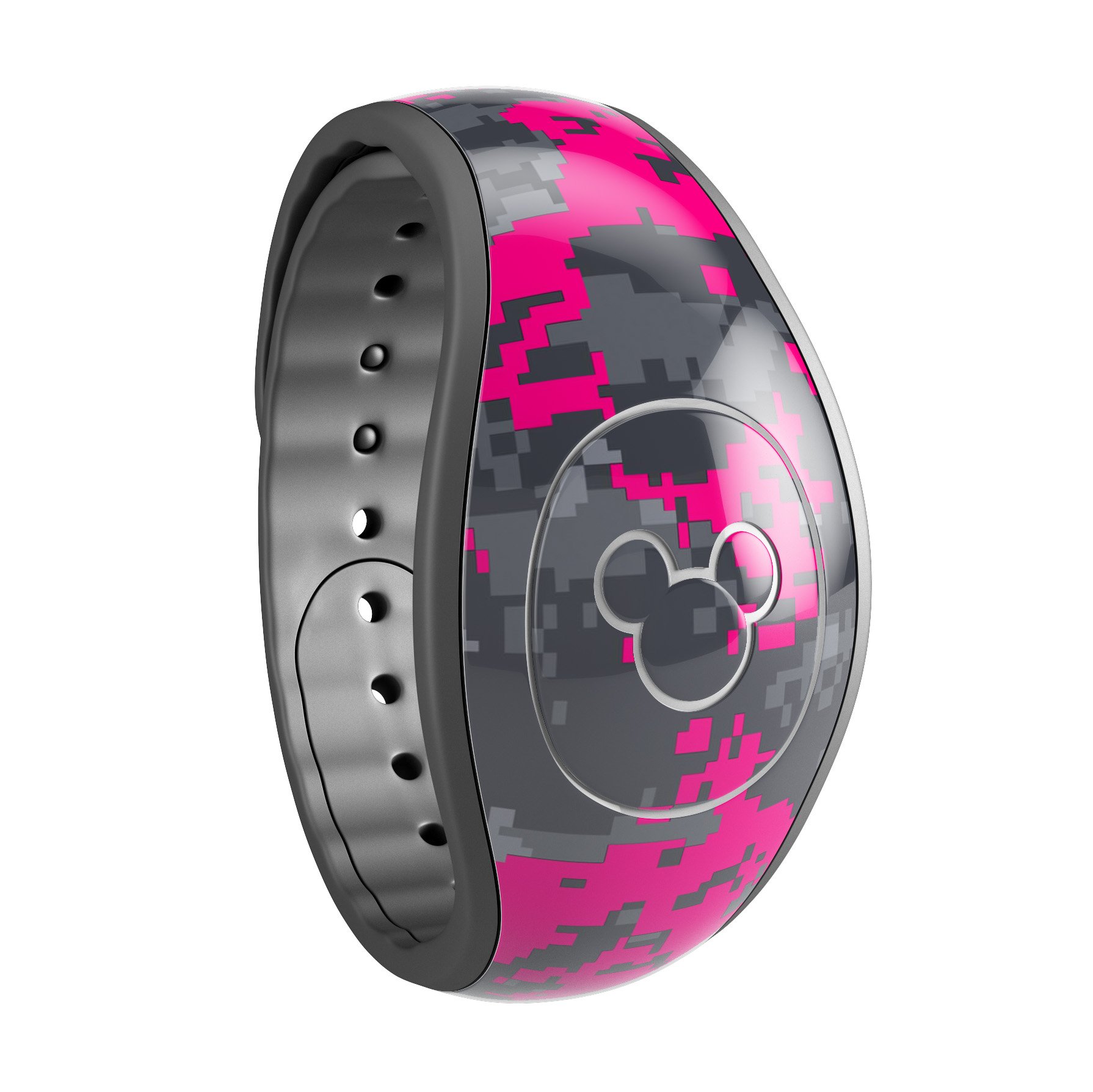 Bright Pink V2 and Gray Digital Camouflage Decal Skin Wrap Kit for Disney Magic Band, showcasing vibrant colors and unique design.