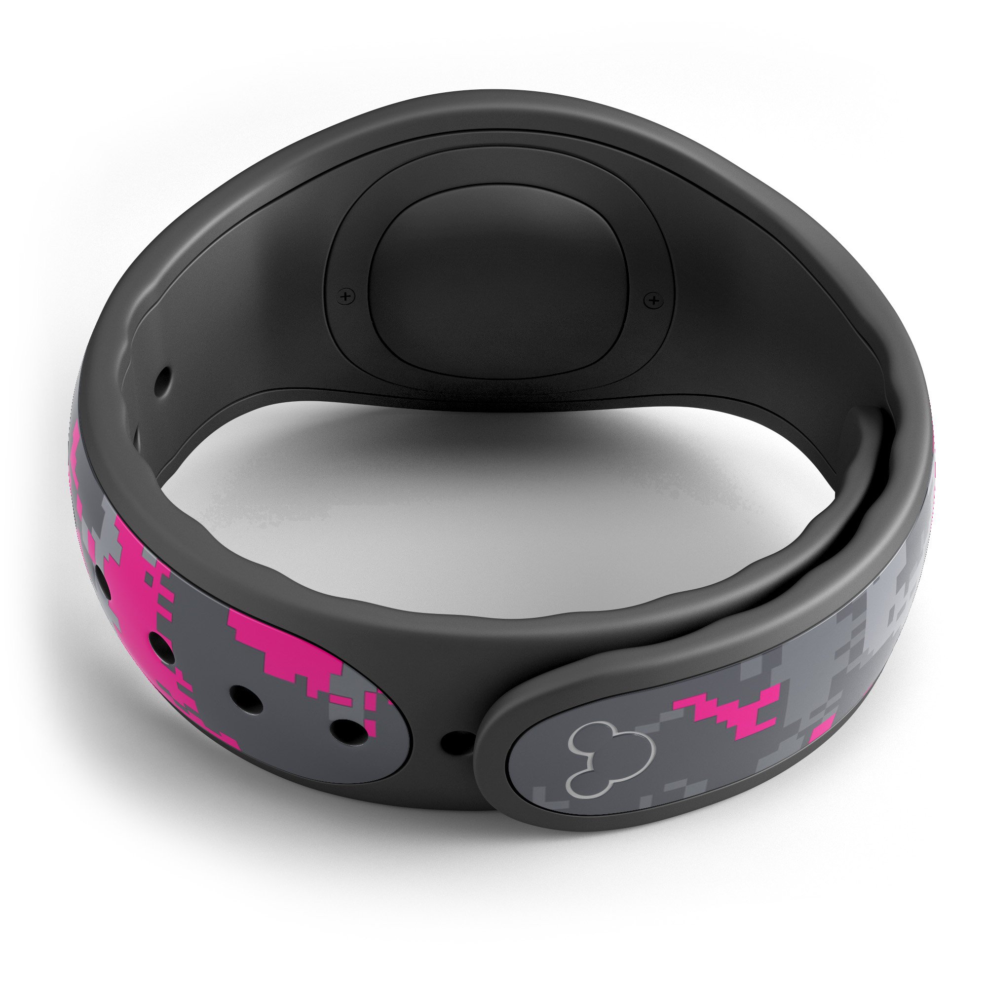 Bright Pink V2 and Gray Digital Camouflage Decal Skin Wrap Kit for Disney Magic Band, showcasing vibrant colors and unique design.