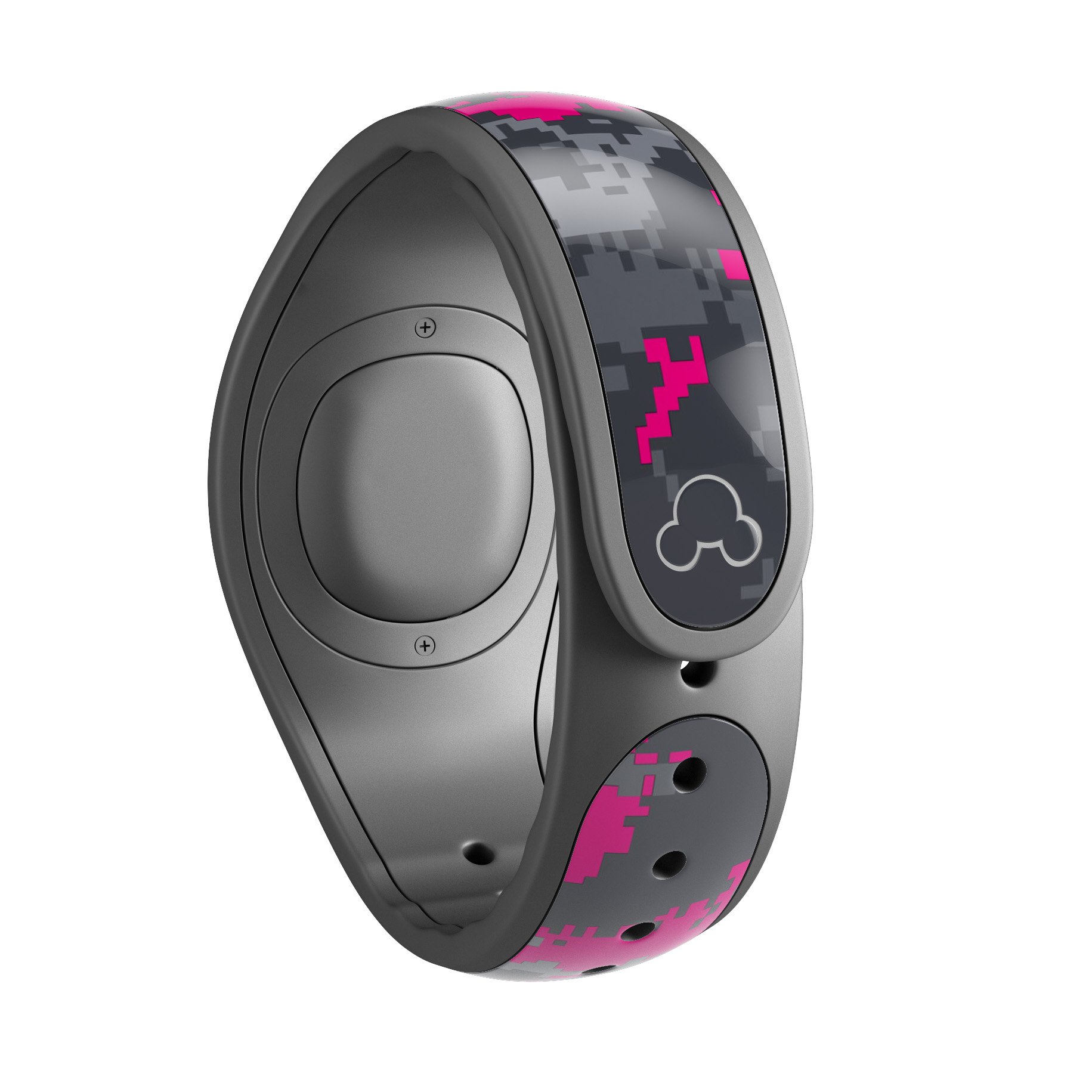 Bright Pink V2 and Gray Digital Camouflage Decal Skin Wrap Kit for Disney Magic Band, showcasing vibrant colors and unique design.