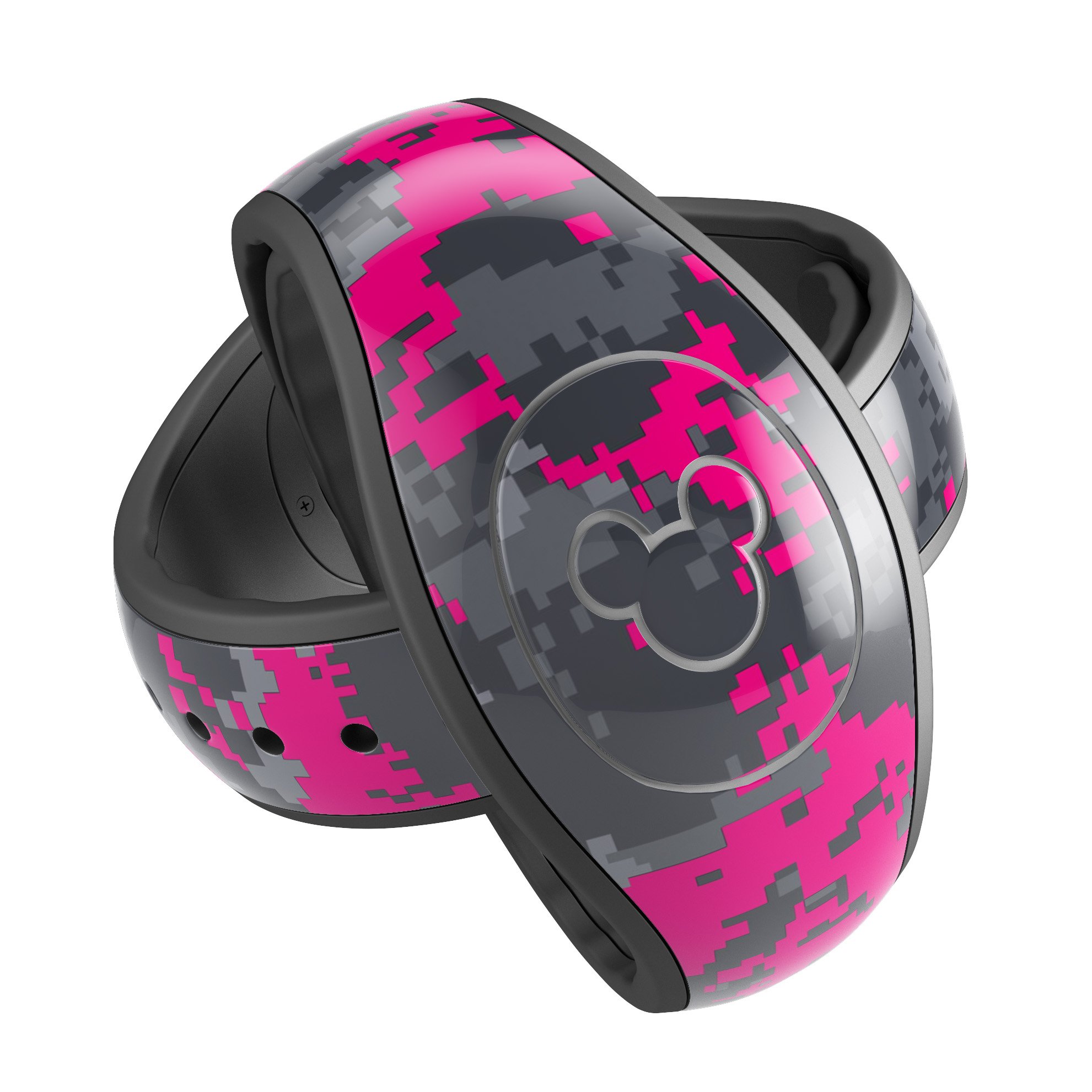 Bright Pink V2 and Gray Digital Camouflage Decal Skin Wrap Kit for Disney Magic Band, showcasing vibrant colors and unique design.