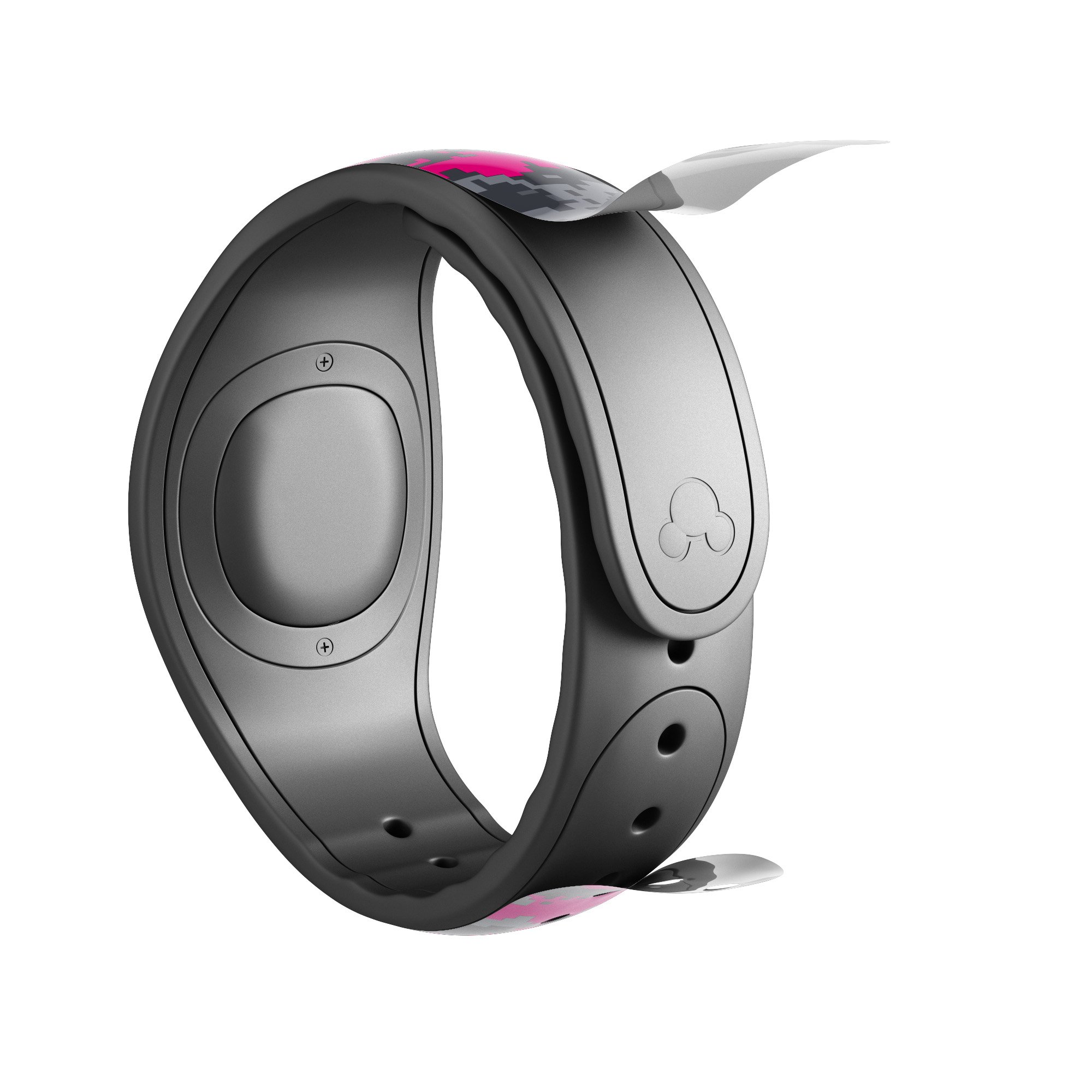 Bright Pink V2 and Gray Digital Camouflage Decal Skin Wrap Kit for Disney Magic Band, showcasing vibrant colors and unique design.