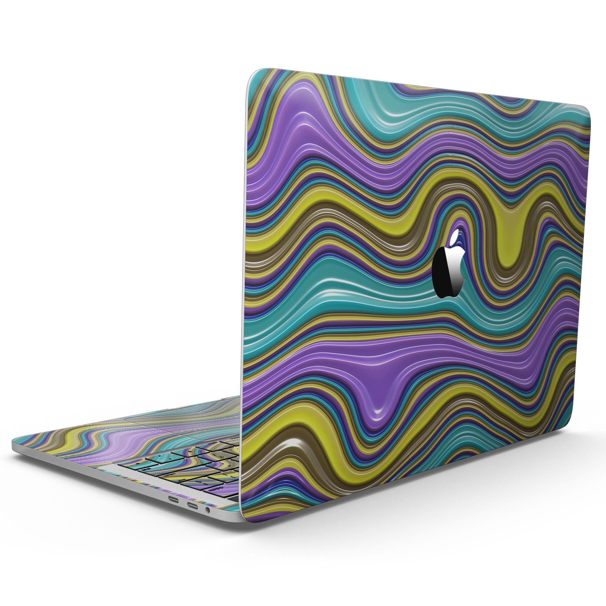 Bright Purple Teal and Mustard Yellow Color Waves skin for 13" MacBook Pro, showcasing vibrant colors and sleek design.