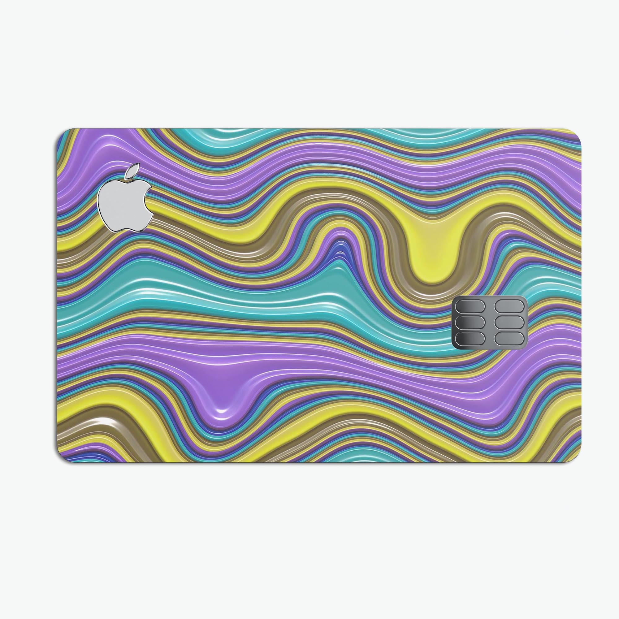 Bright Purple Teal and Mustard Yellow Color Waves skin for Apple Card, showcasing vibrant colors and premium vinyl material.