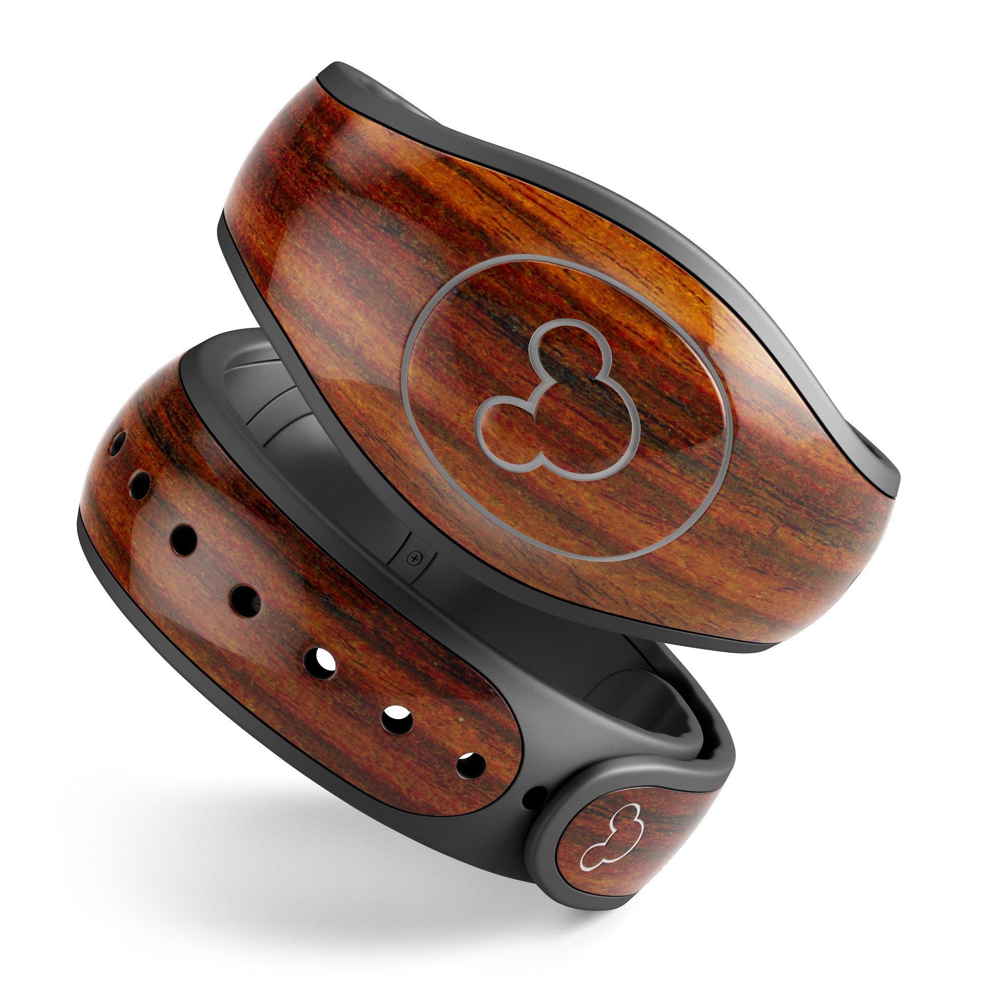 Bright Red Ebony Woodgrain decal skin wrap kit for Disney Magic Band, showcasing a stylish woodgrain design.