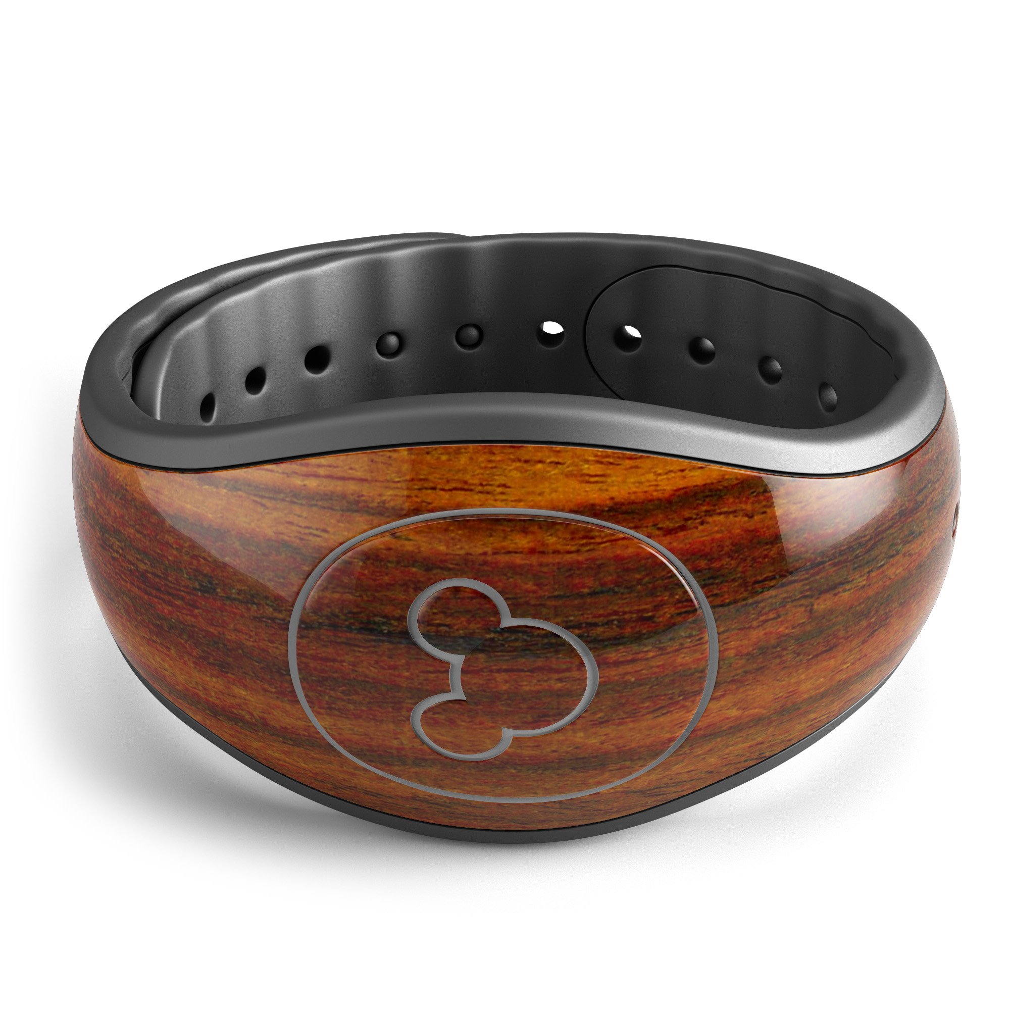 Bright Red Ebony Woodgrain decal skin wrap kit for Disney Magic Band, showcasing a stylish woodgrain design.