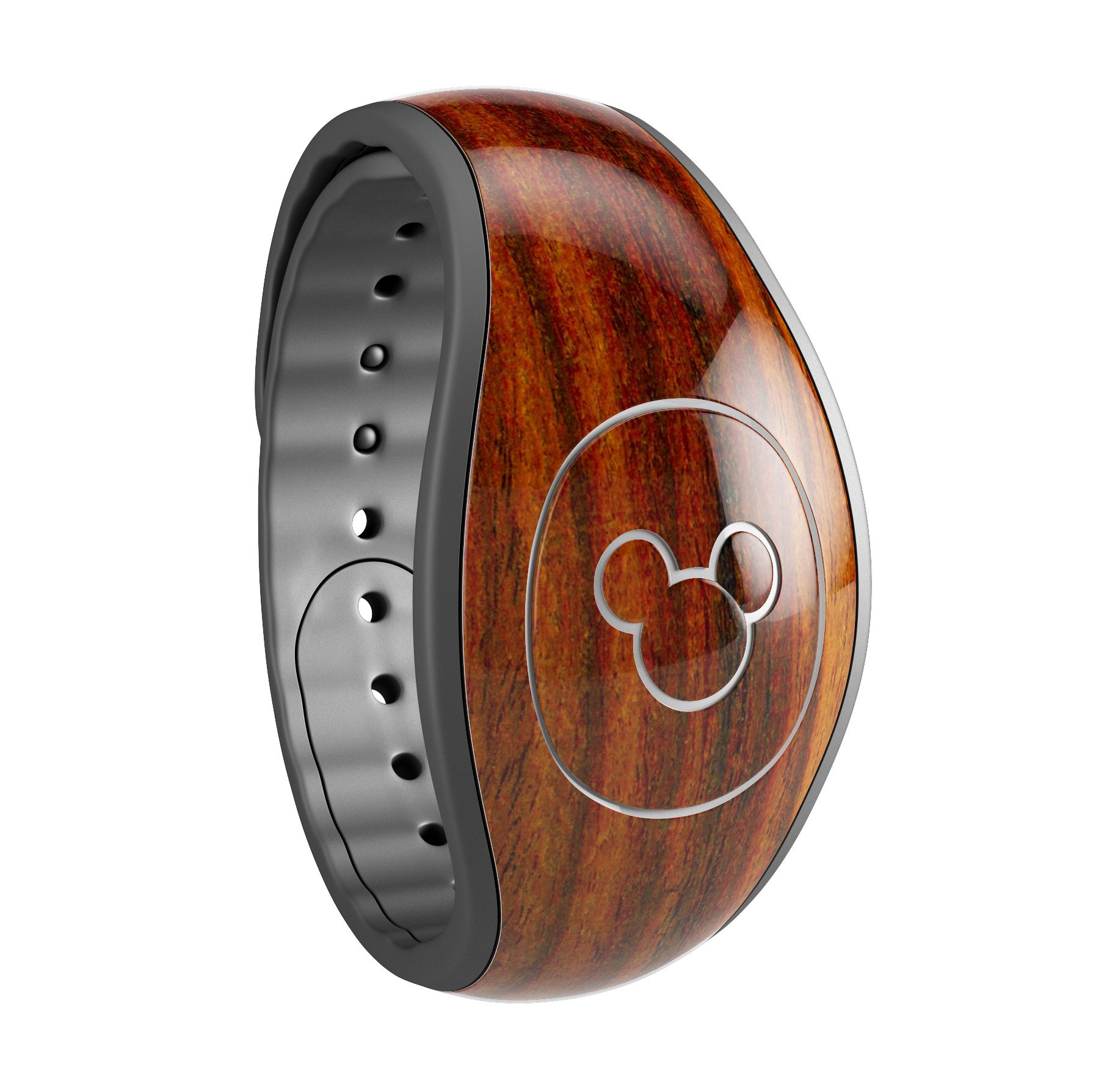 Bright Red Ebony Woodgrain decal skin wrap kit for Disney Magic Band, showcasing a stylish woodgrain design.