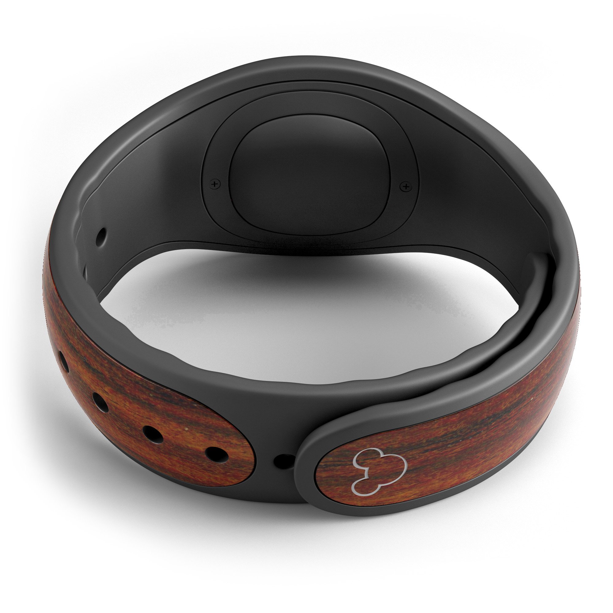 Bright Red Ebony Woodgrain decal skin wrap kit for Disney Magic Band, showcasing a stylish woodgrain design.