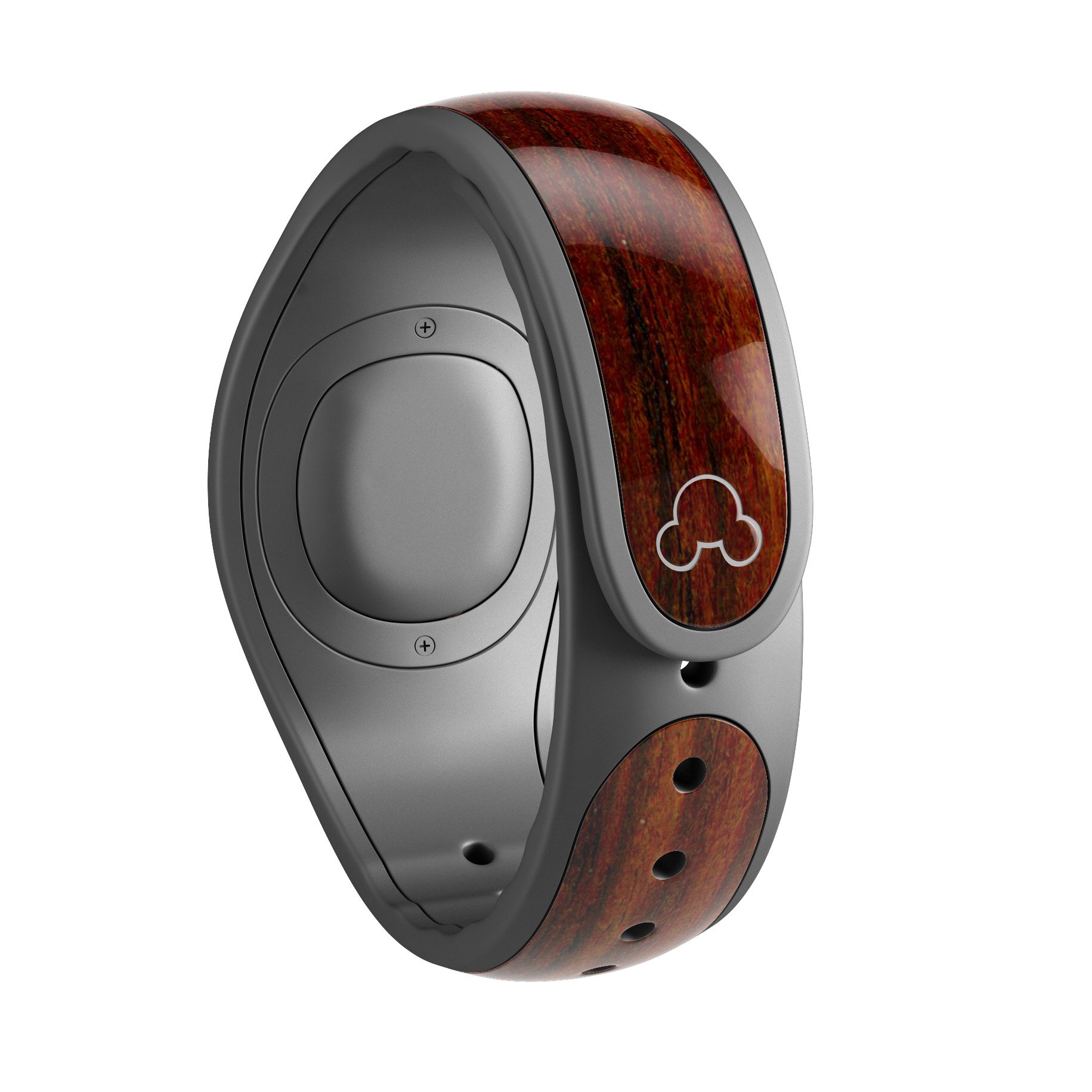 Bright Red Ebony Woodgrain decal skin wrap kit for Disney Magic Band, showcasing a stylish woodgrain design.