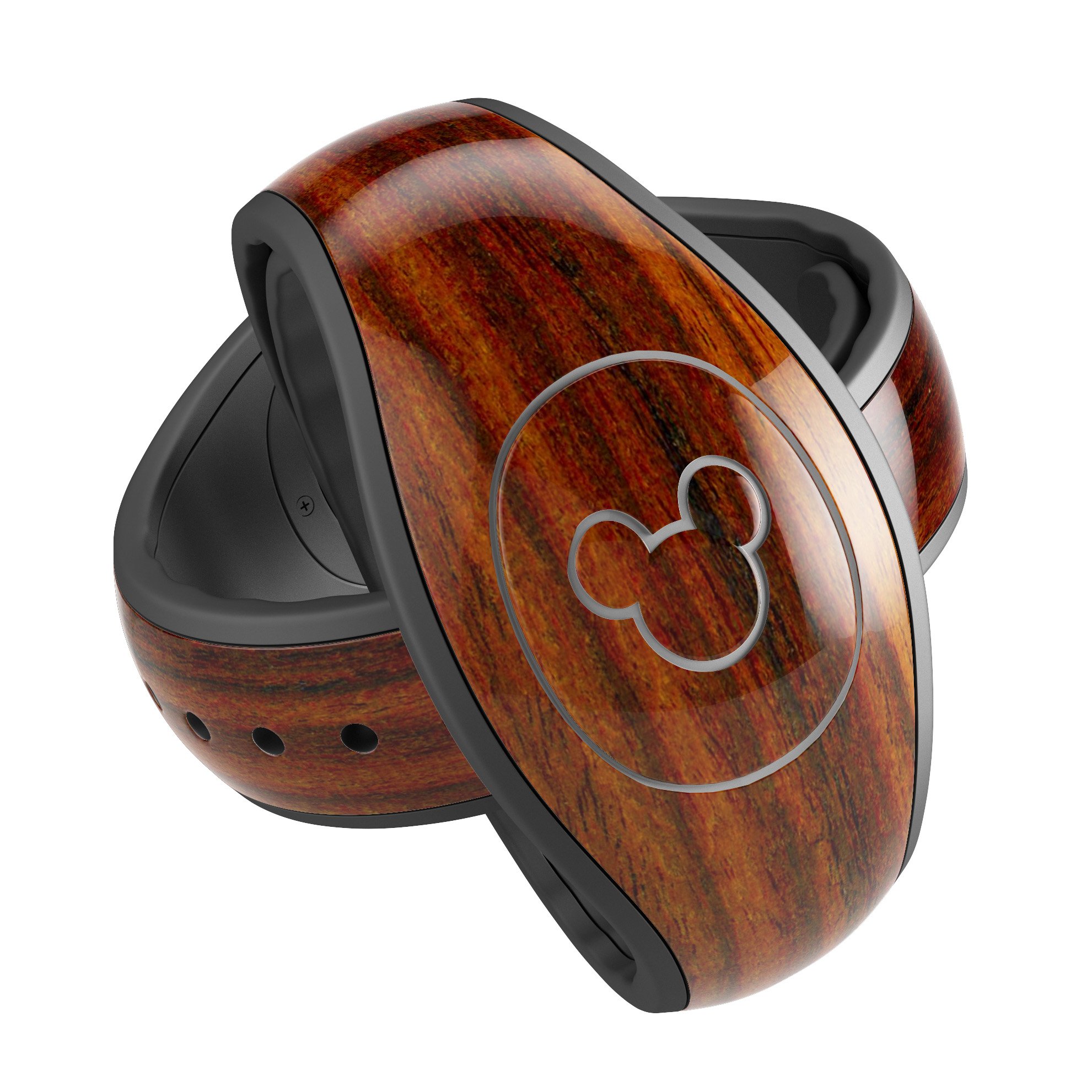 Bright Red Ebony Woodgrain decal skin wrap kit for Disney Magic Band, showcasing a stylish woodgrain design.