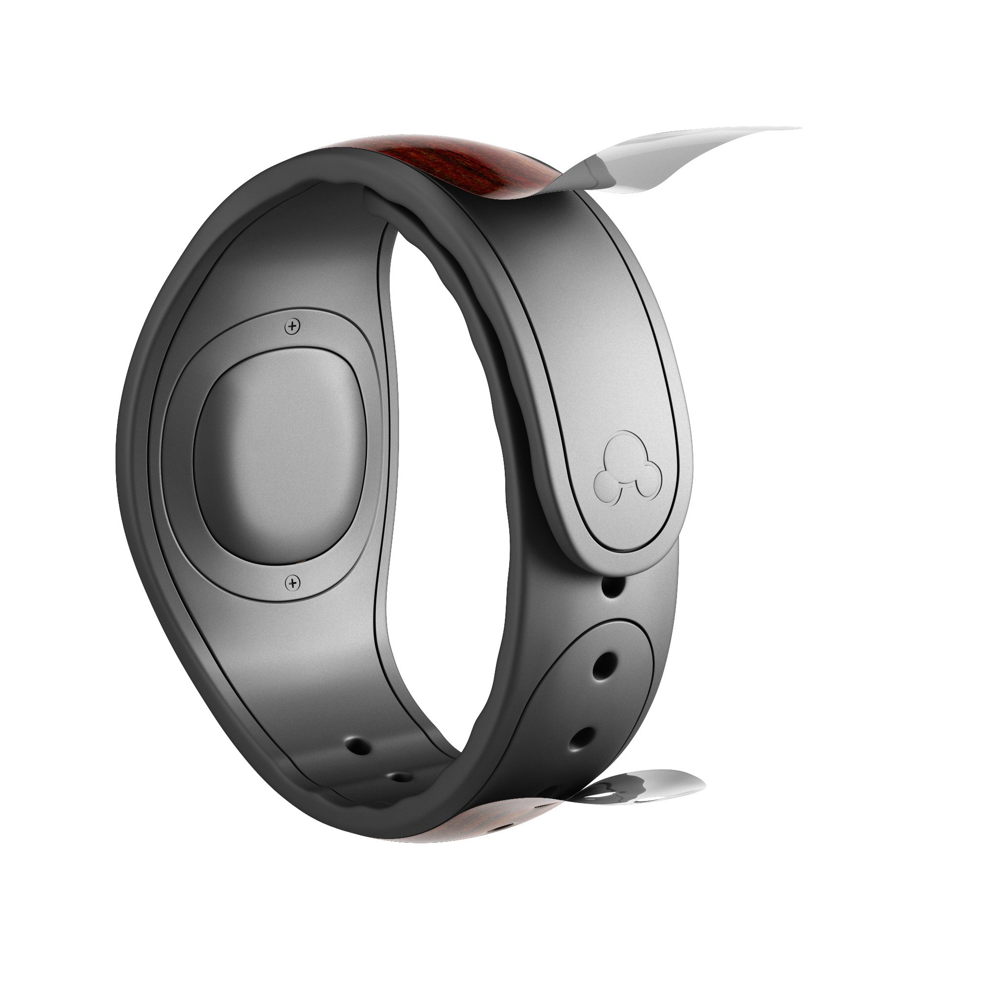 Bright Red Ebony Woodgrain decal skin wrap kit for Disney Magic Band, showcasing a stylish woodgrain design.